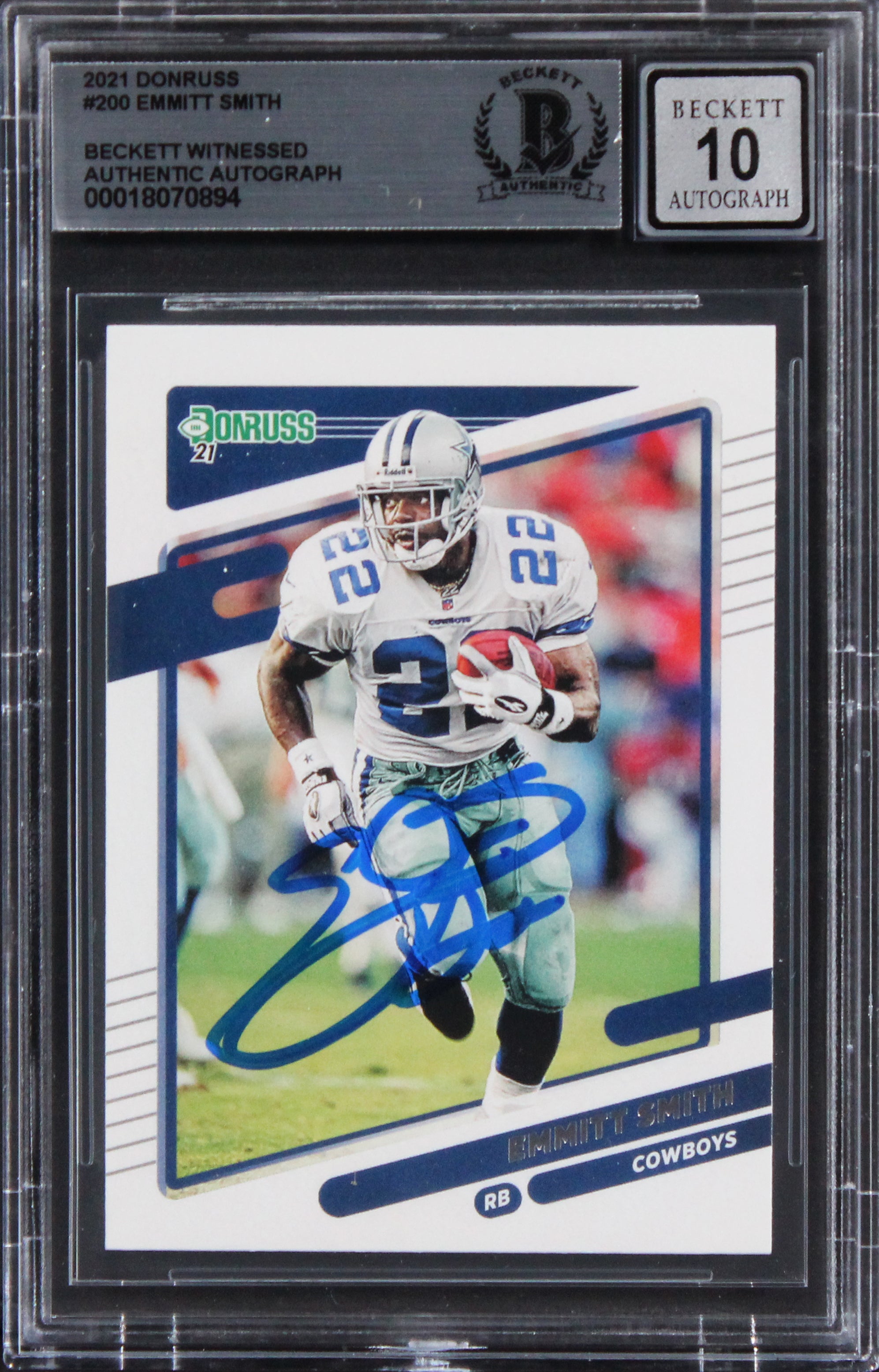 Cowboys Emmitt Smith Signed 2021 Donruss #200 Card Auto Graded 10! BAS Slabbed