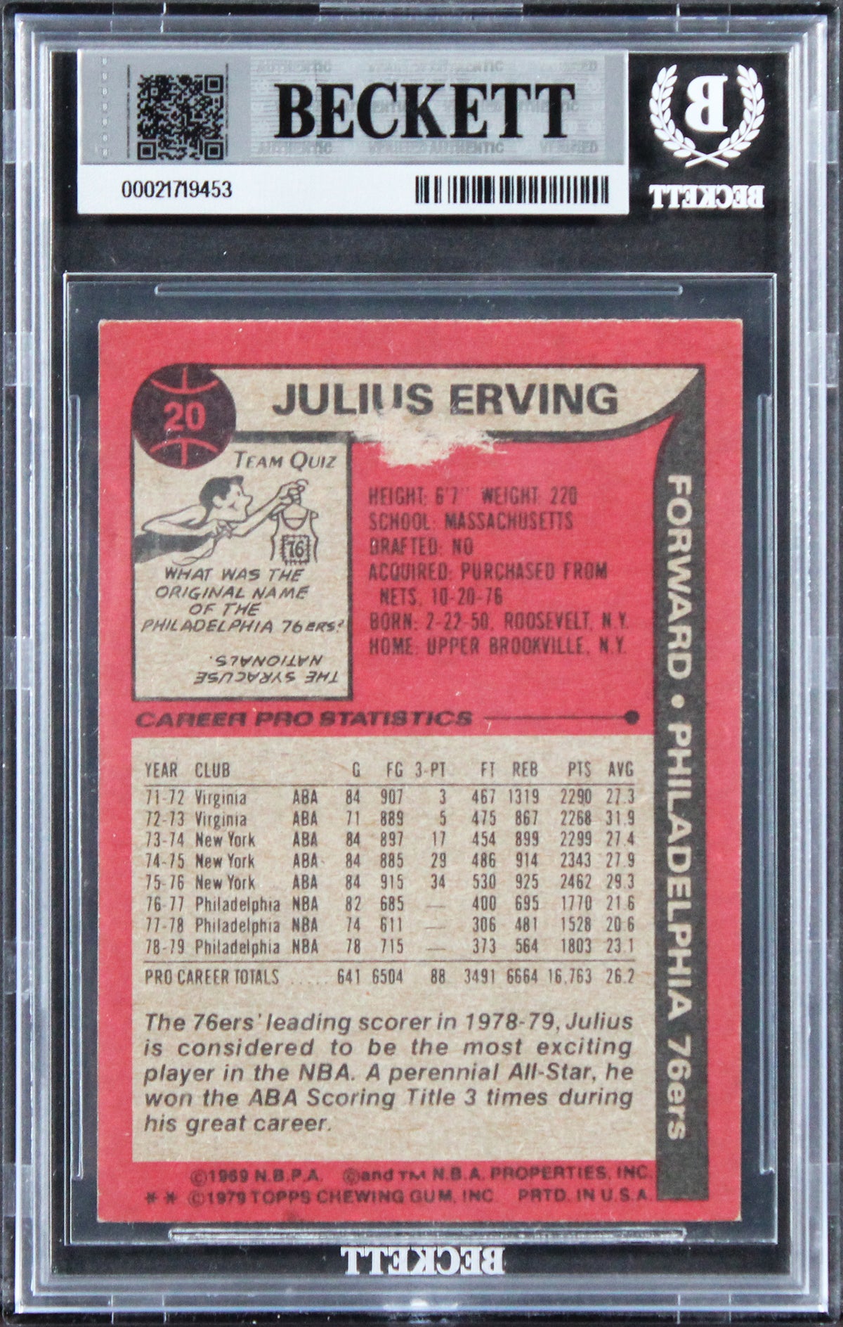 76ers Julius Erving Signed 1979 Topps #20 Card Auto Grade GM 10! BAS Slabbed