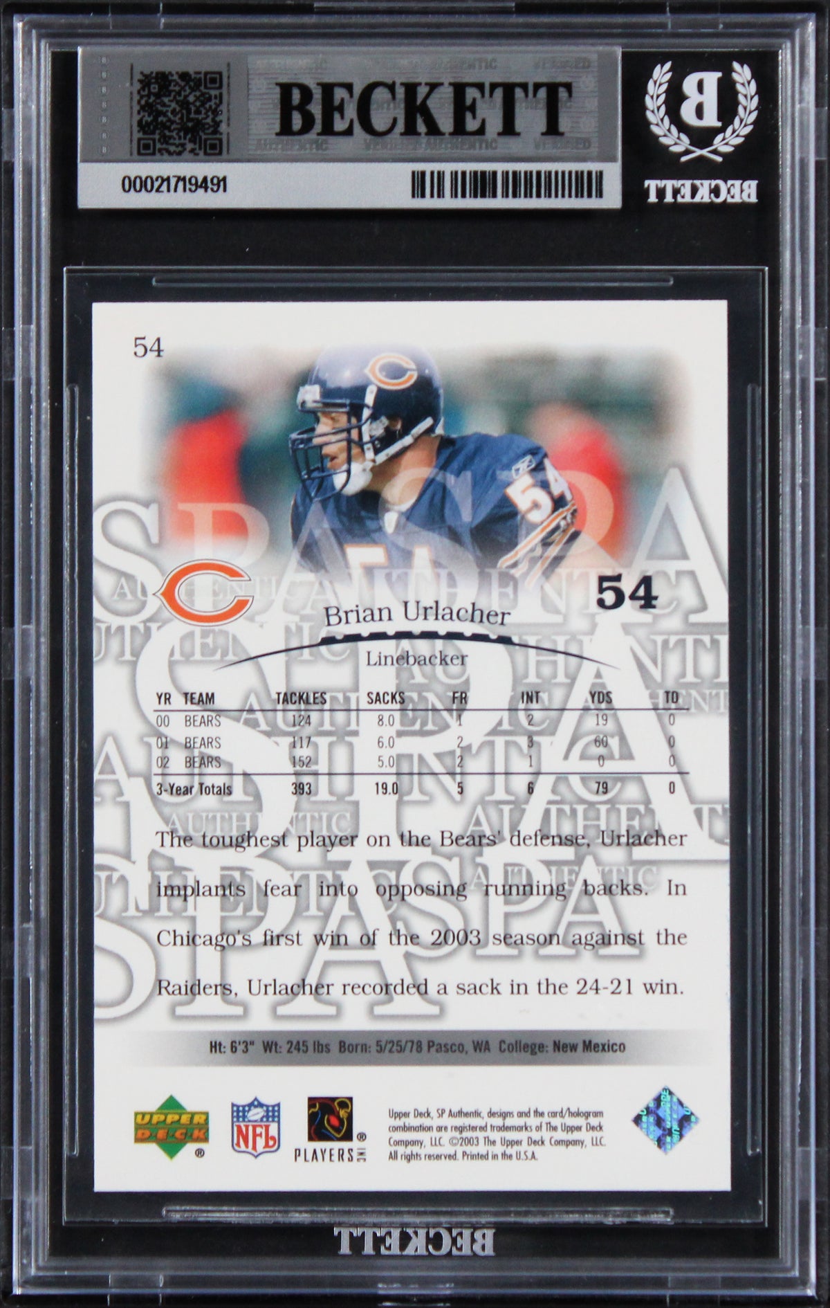 Bears Brian Urlacher Signed 2003 SP Authentic #54 Card Auto GM 10! BAS Slabbed