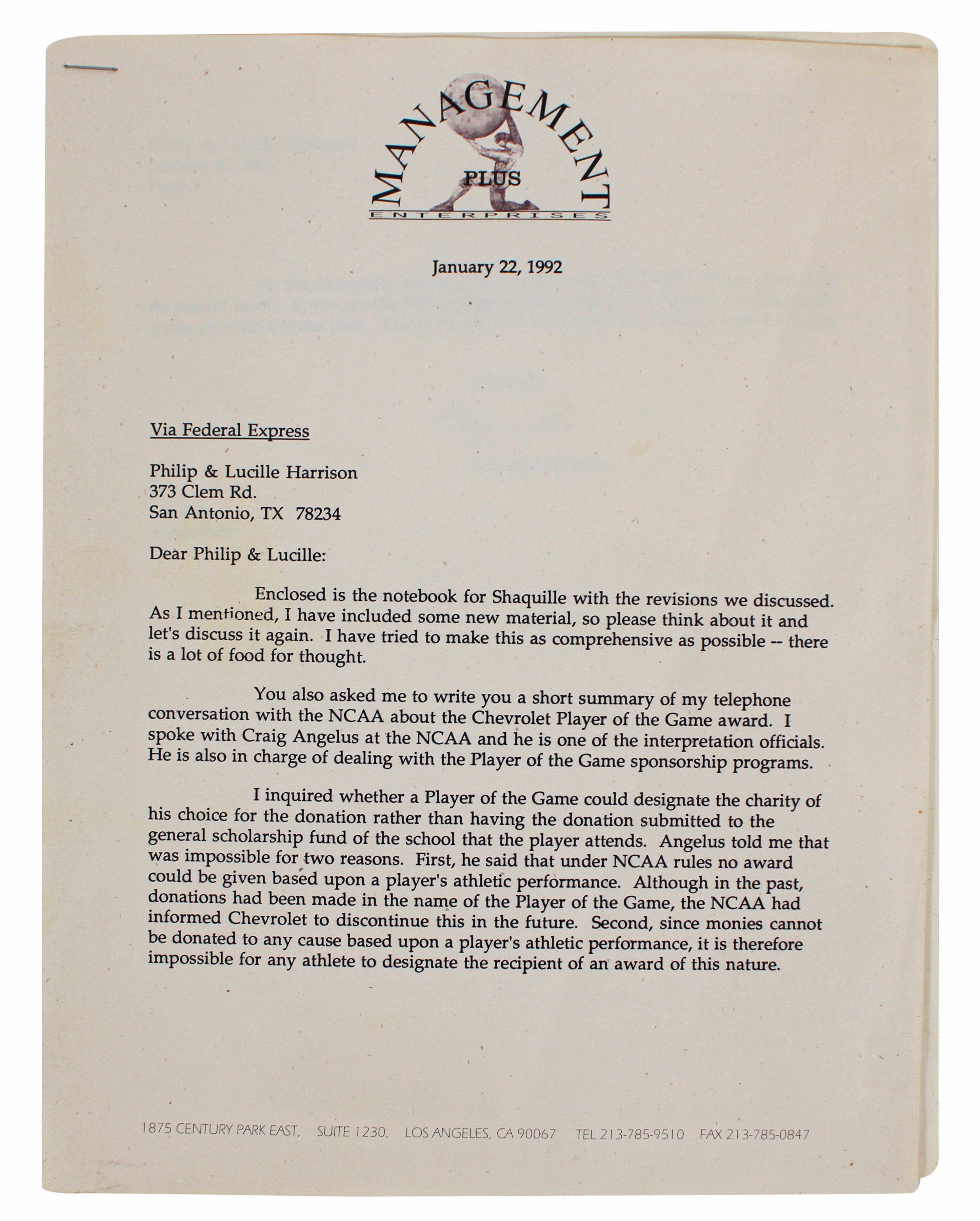 Shaquille O'Neal Authentic 1988 Agency Recruitment Presentation Binder Letter