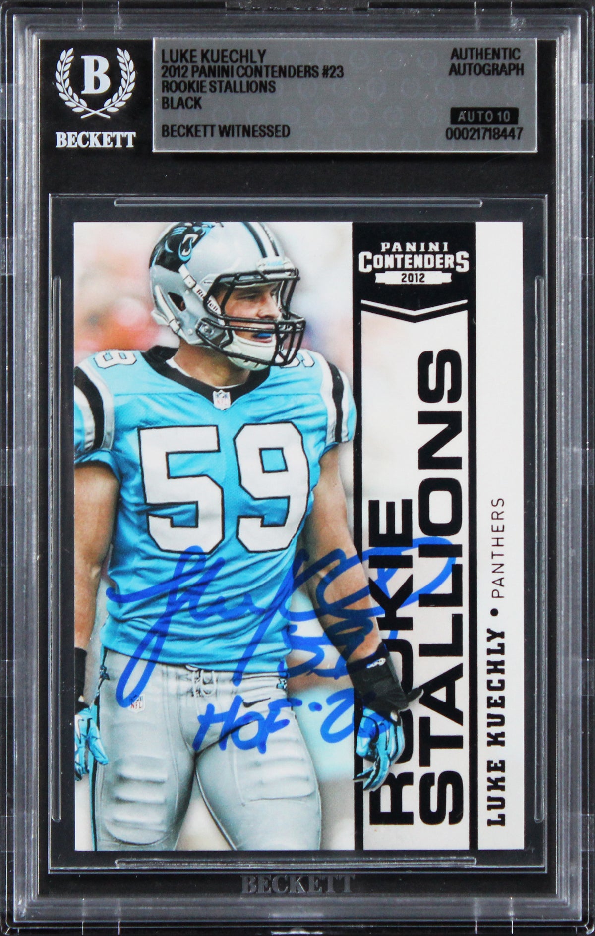 Luke Kuechly "HOF 26" Signed 2012 Panini #23 RC 5/50 Card Auto 10! BAS Slabbed