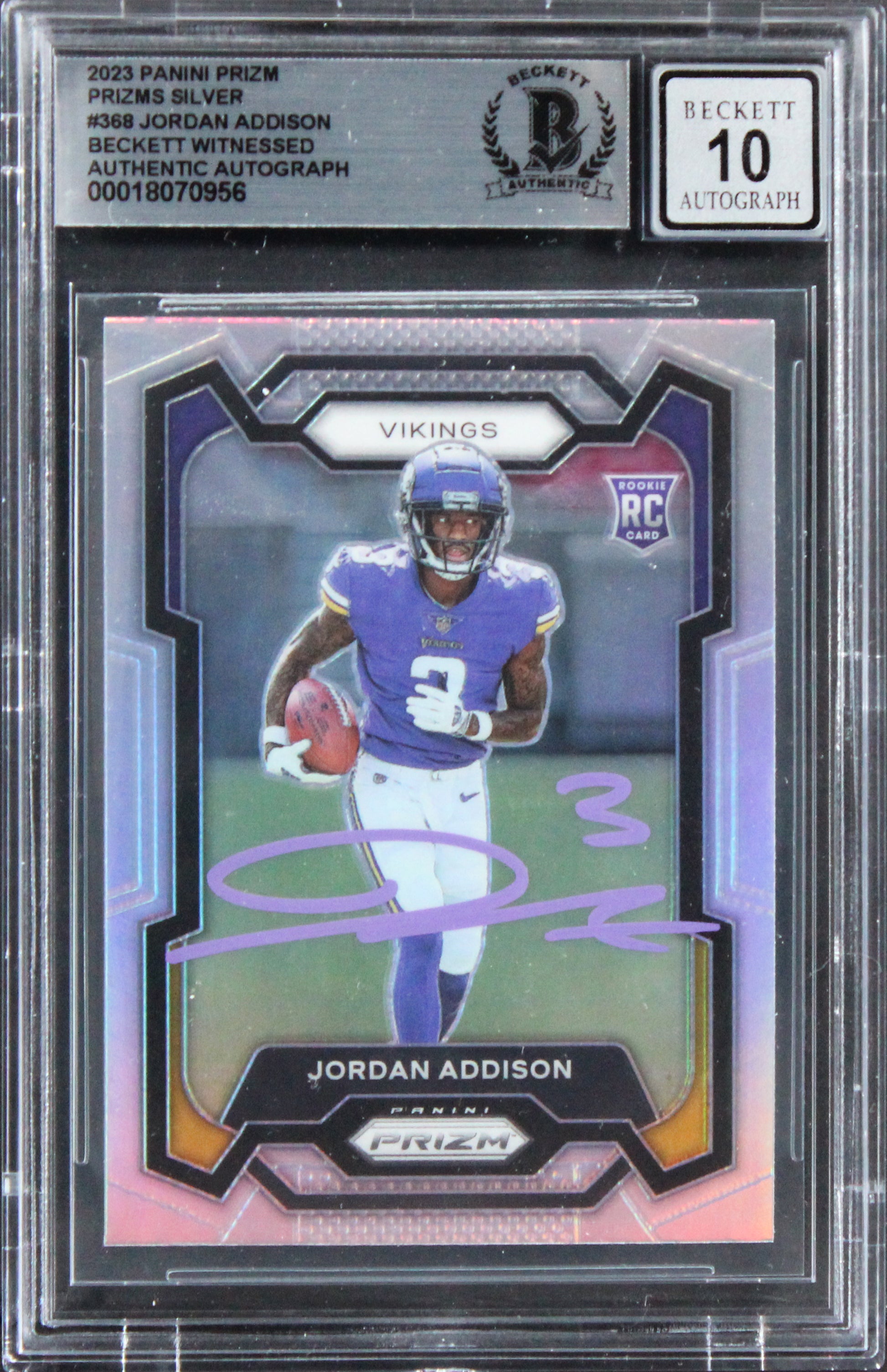 Vikings Jordan Addison Signed 2023 Panini Prizm Silv #368 Card Auto 10! BAS Slab