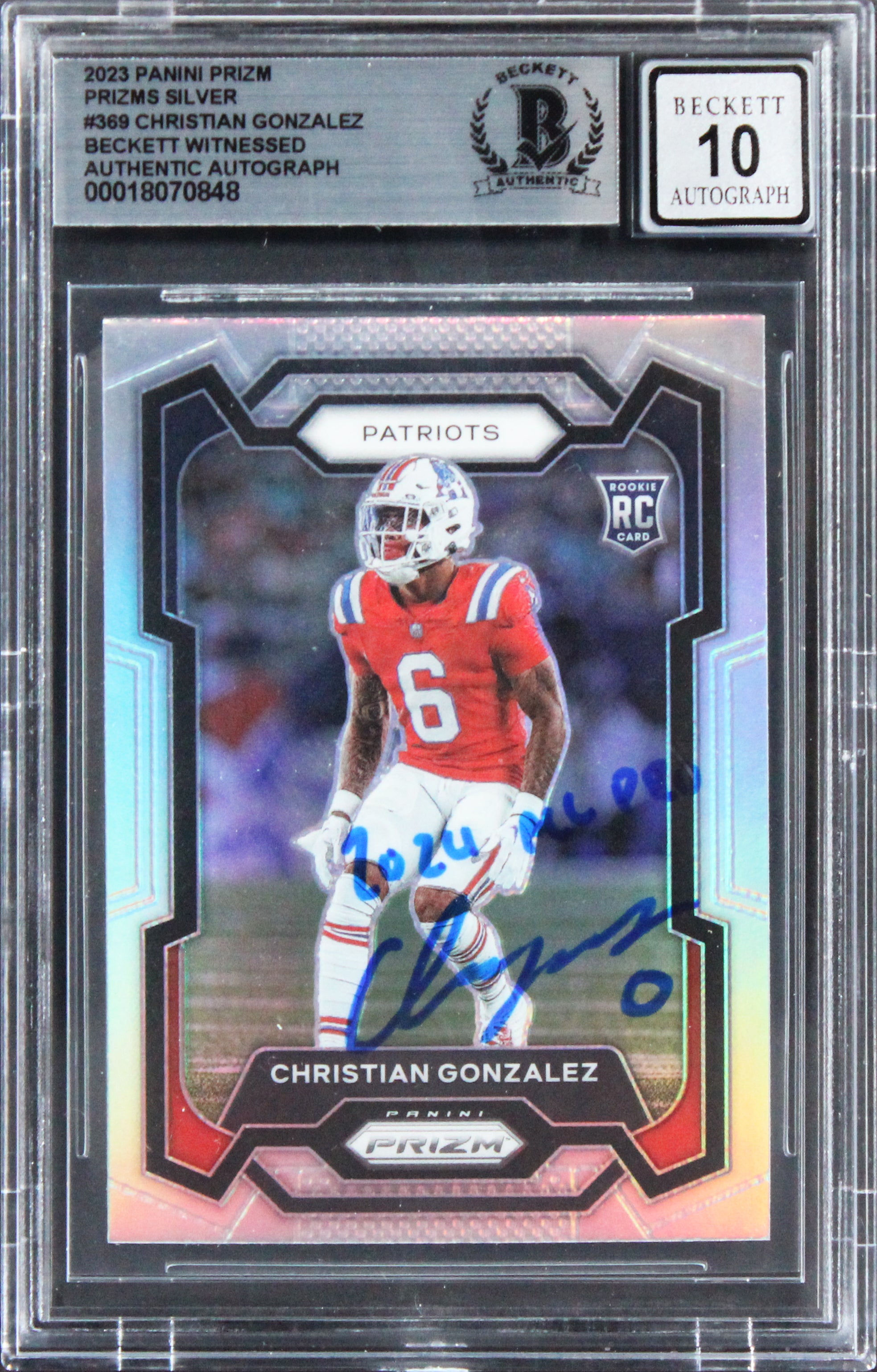 Pats Christian Gonzalez Signed 2023 Panini Prizm S #369 RC Card Auto 10 BAS Slab