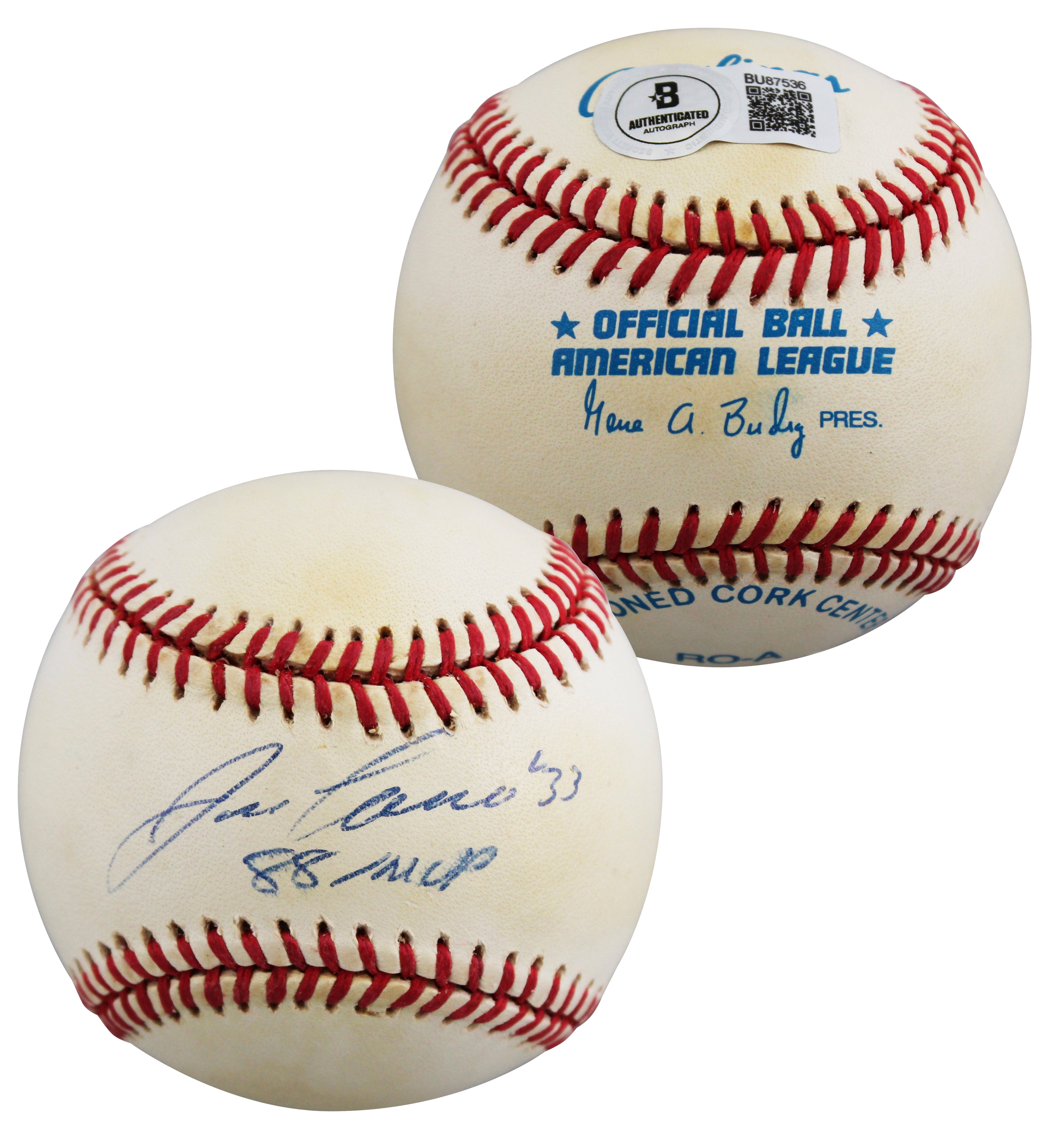 Athletics Jose Canseco "88 MVP" Signed Gene Budig OAL Baseball BAS #BU87536