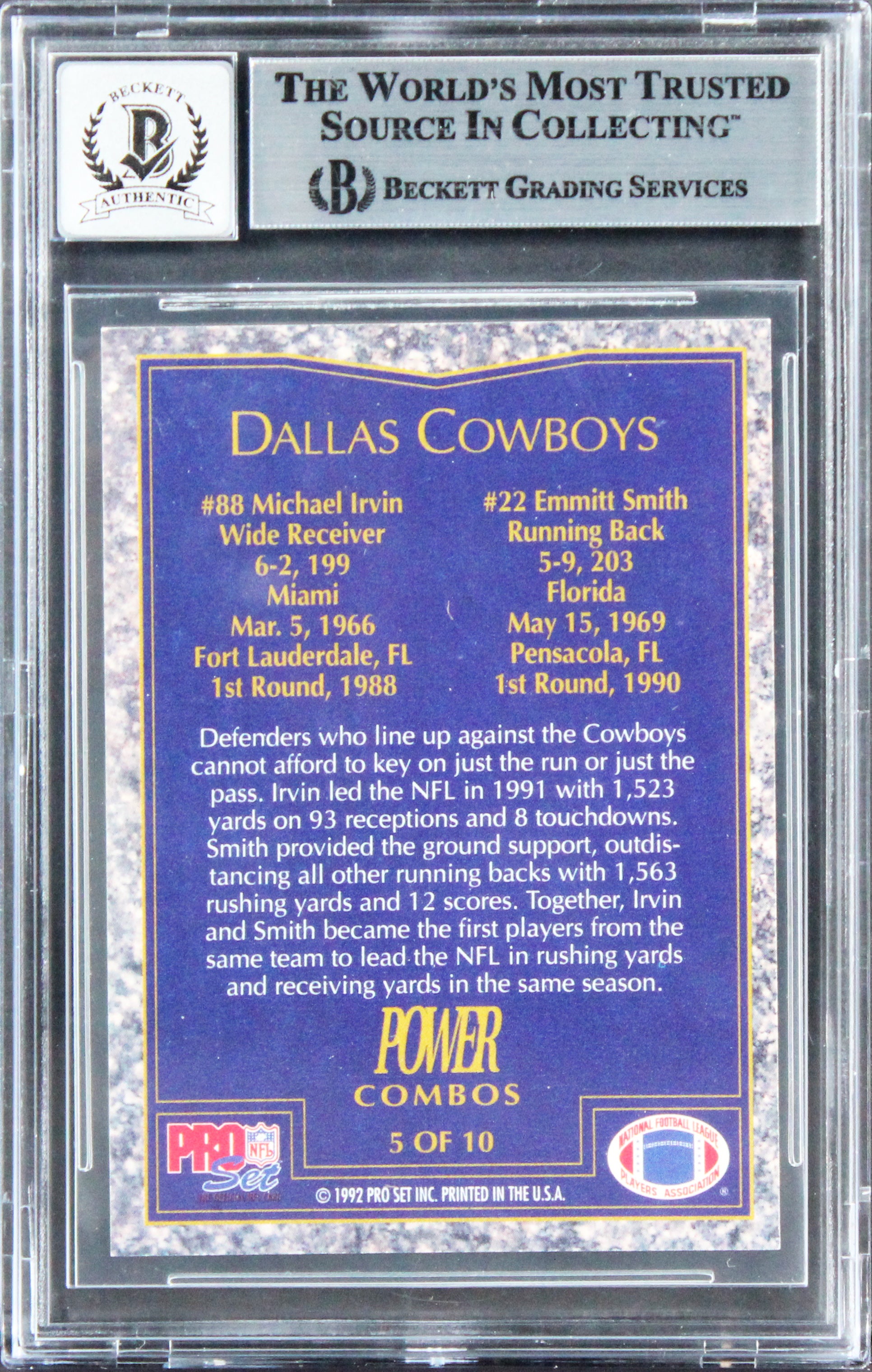 Emmitt Smith & Michael Irvin Signed 1992 Power Combos #5 Card Auto 10! BAS Slab