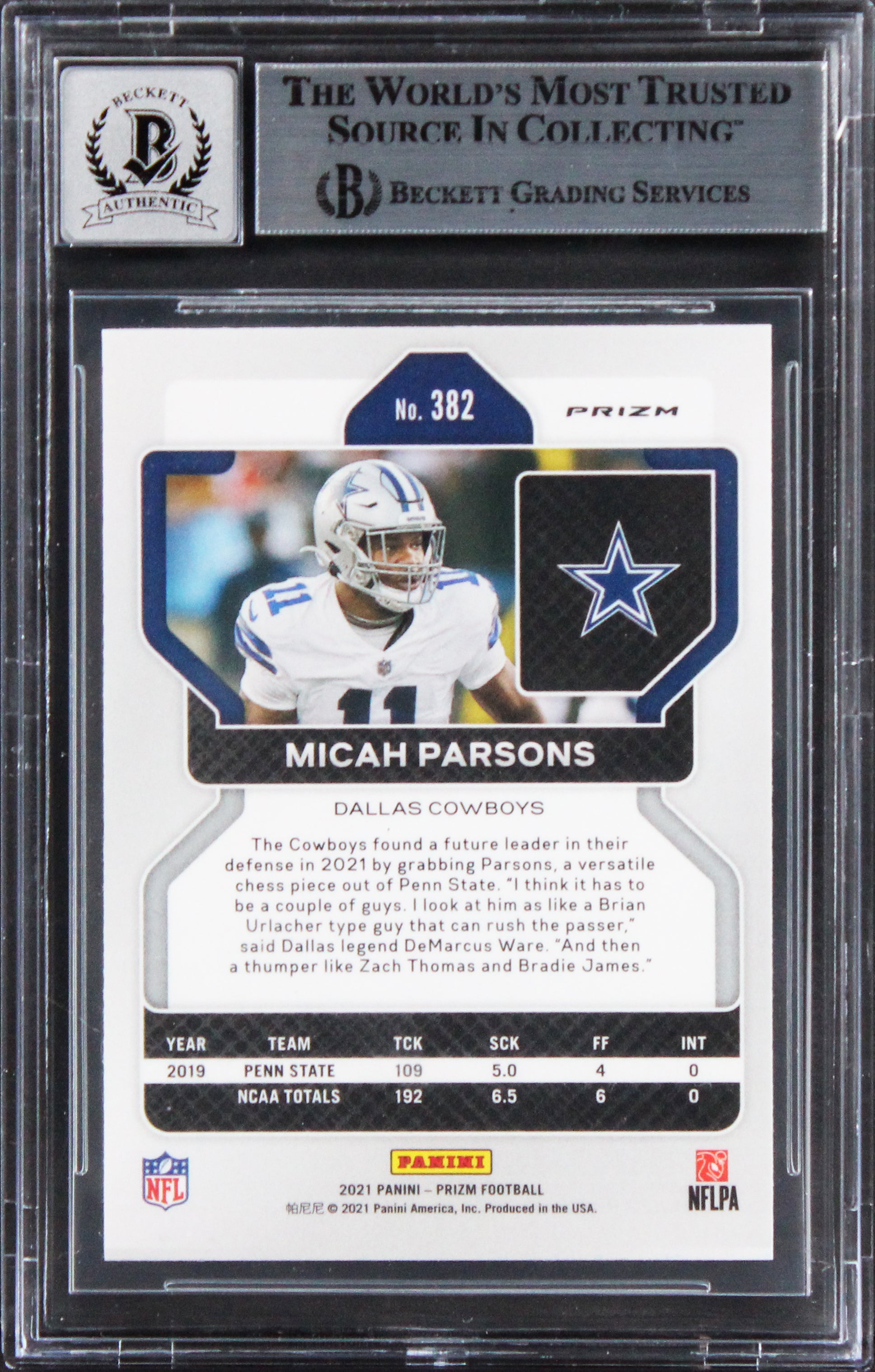 Micah Parsons Signed 2021 Panini Prizm Silver #382 RC Card Auto 10! BAS Slabbed