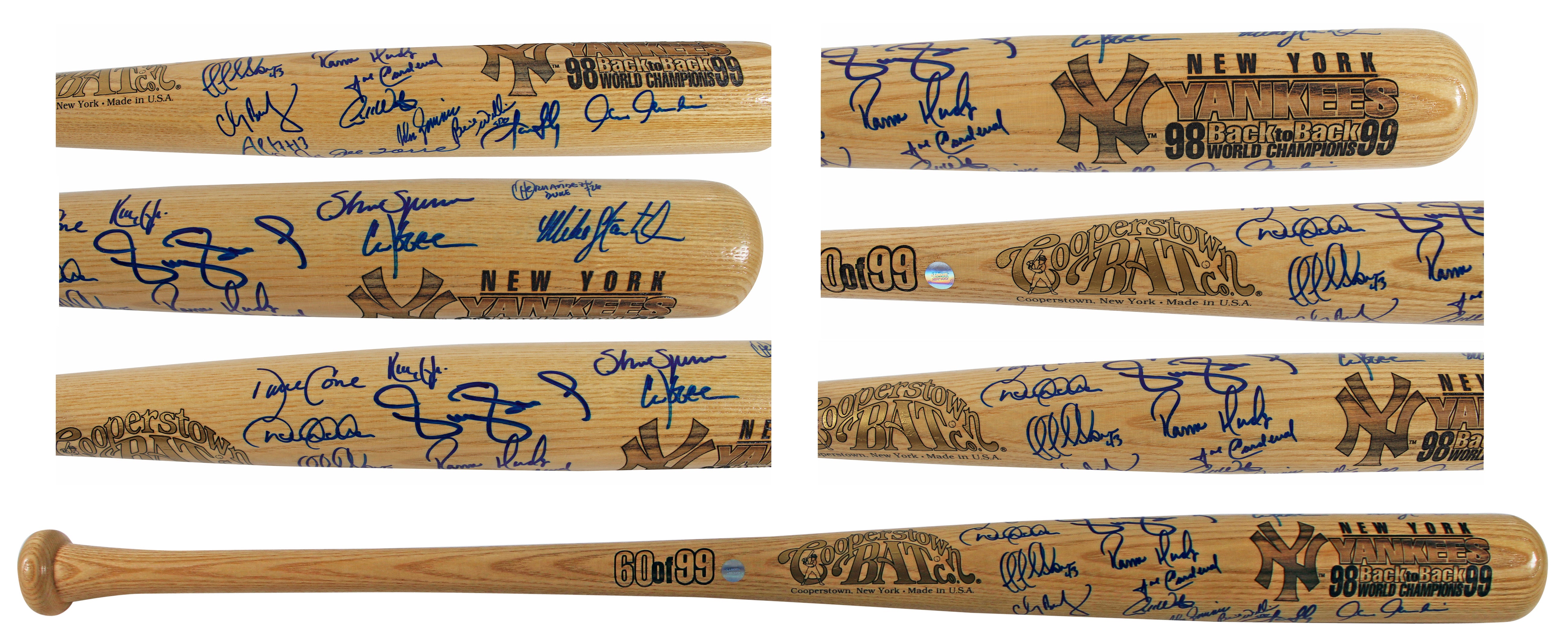Yankees 1998/99 B2B (20) Jeter, Williams, Cone, Torre +16 Signed Bat BAS #A79330