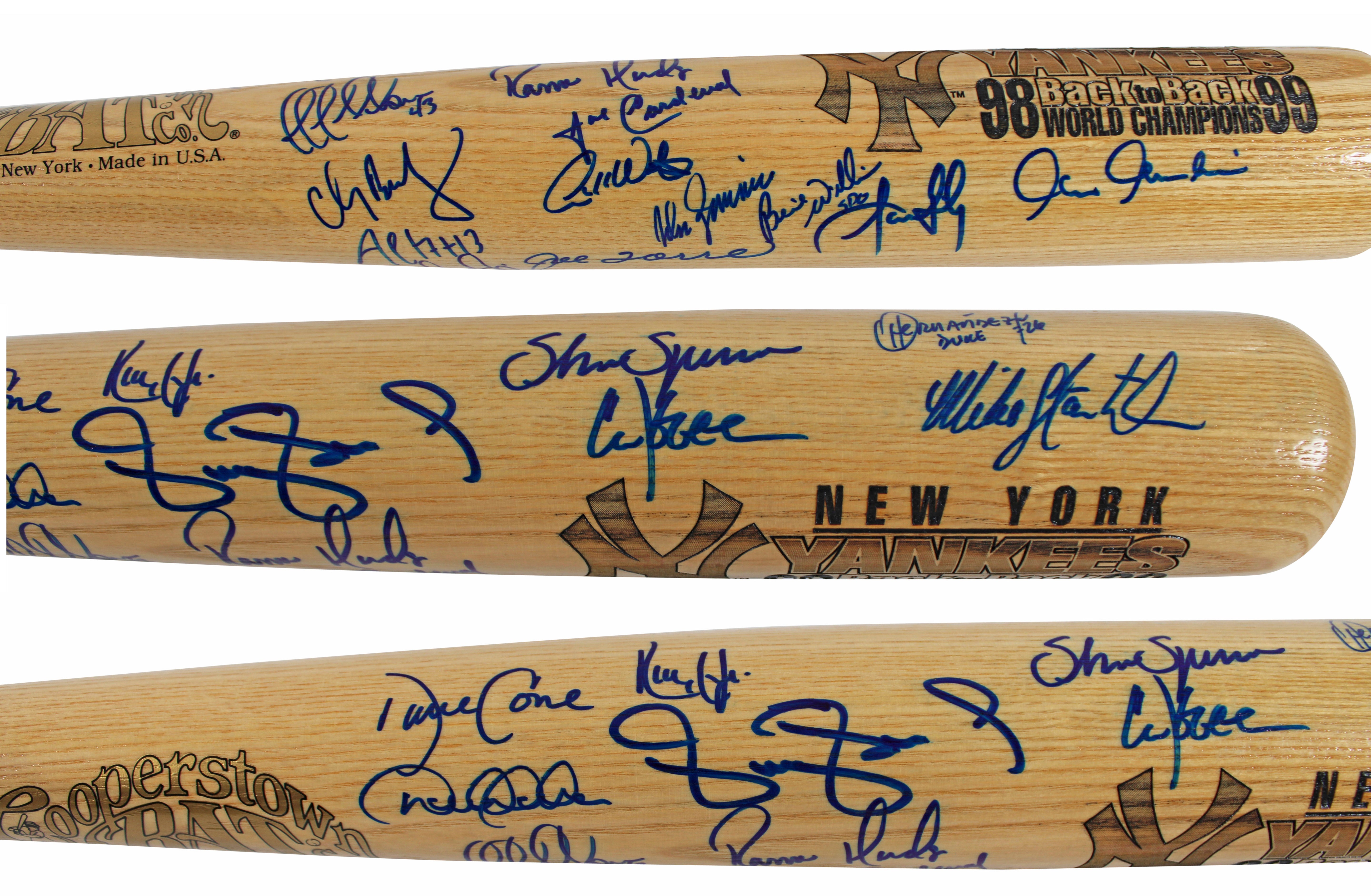 Yankees 1998/99 B2B (20) Jeter, Williams, Cone, Torre +16 Signed Bat BAS #A79330