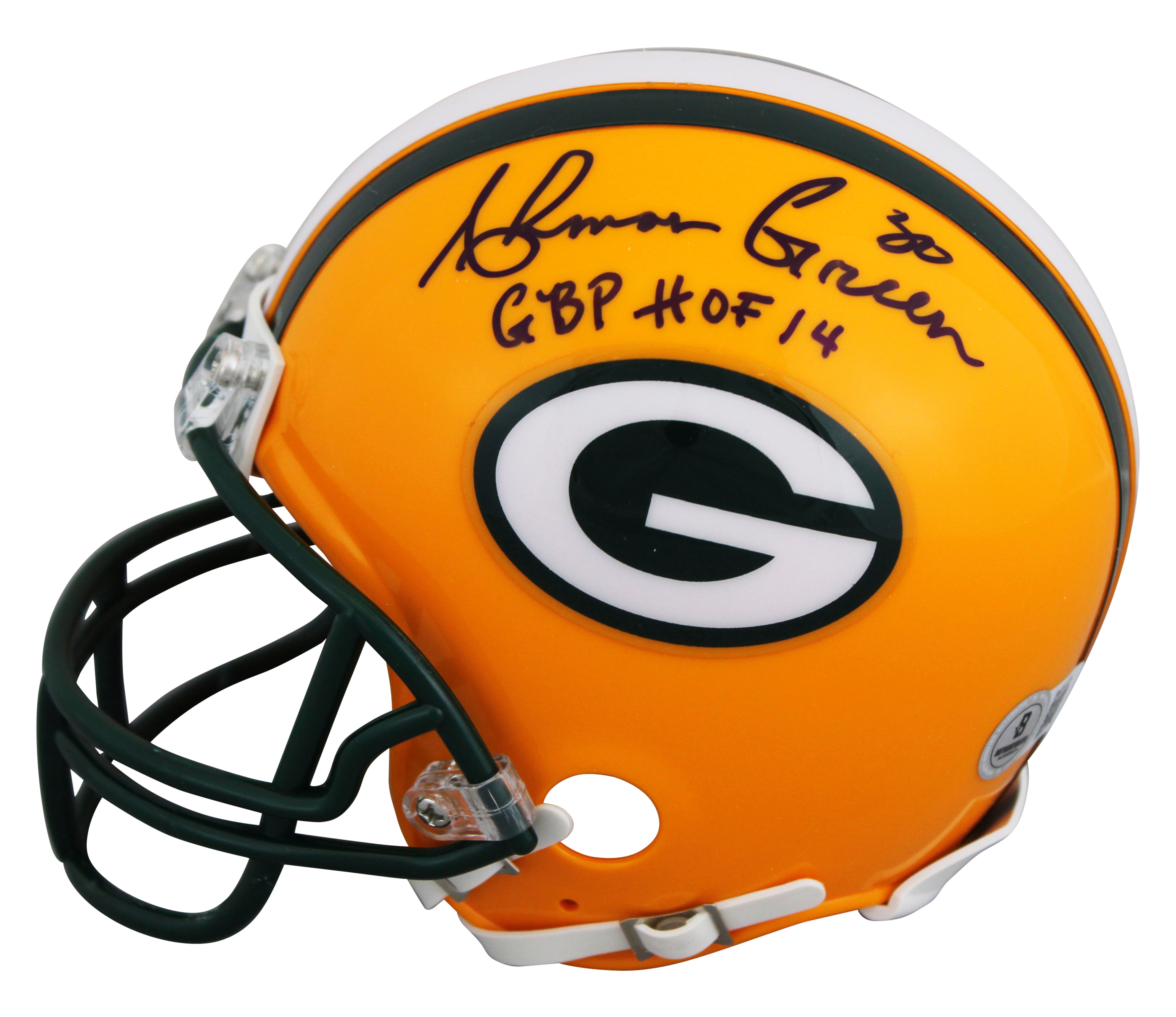 Packers Ahman Green "GBP HOF 14" Authentic Signed VSR4 Rep Mini Helmet BAS 2