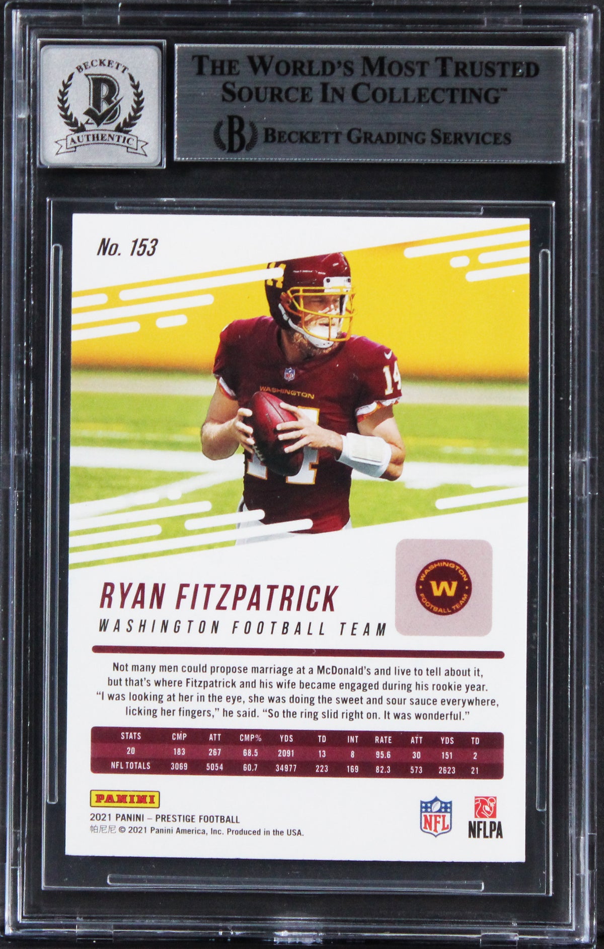 Commanders Ryan Fitzpatrick Signed 2021 Prestige #153 Card Auto 10! BAS Slabbed