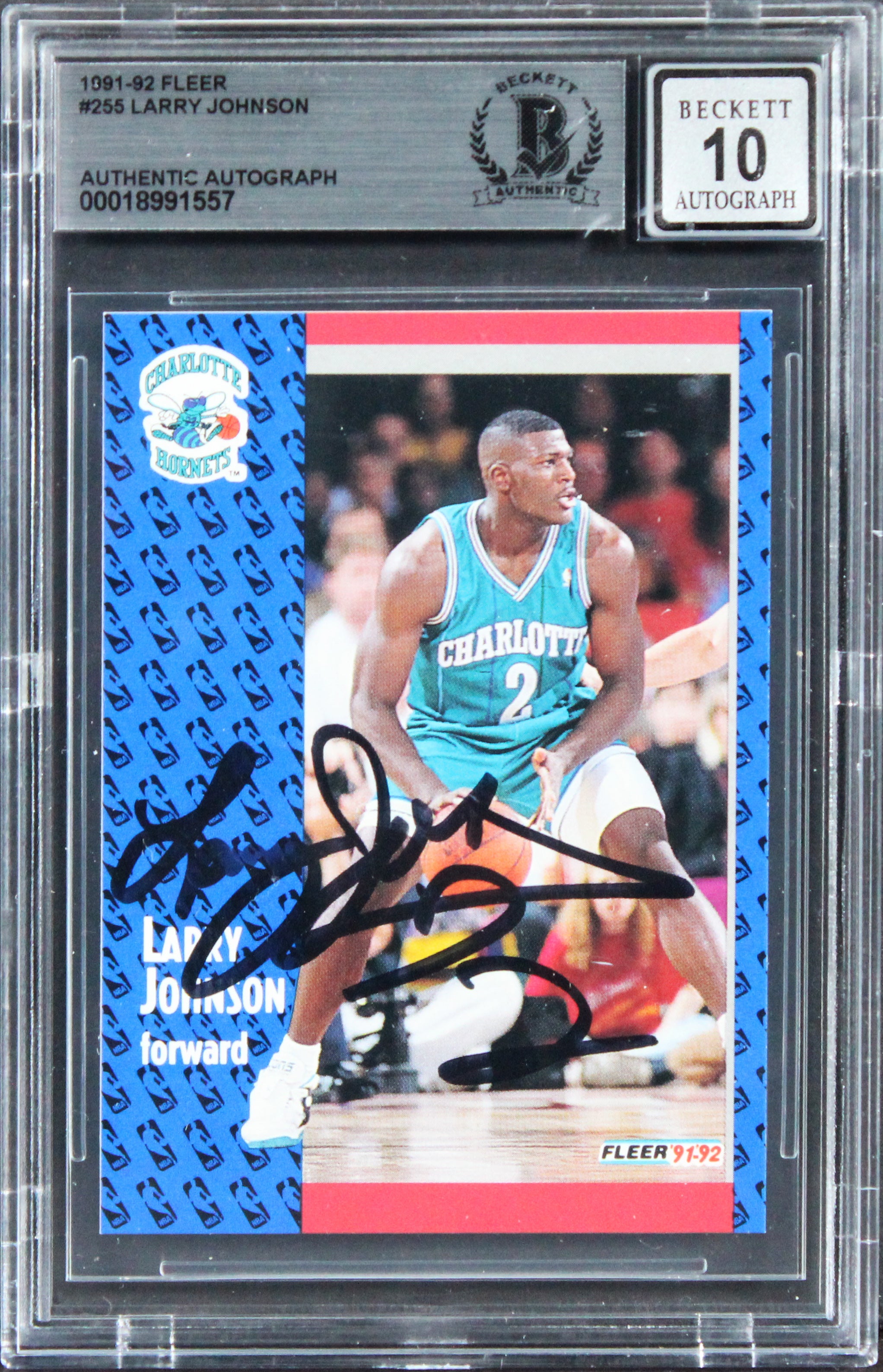Hornets Larry Johnson Signed 1991 Fleer #256 Card Auto Graded 10! BAS Slabbed