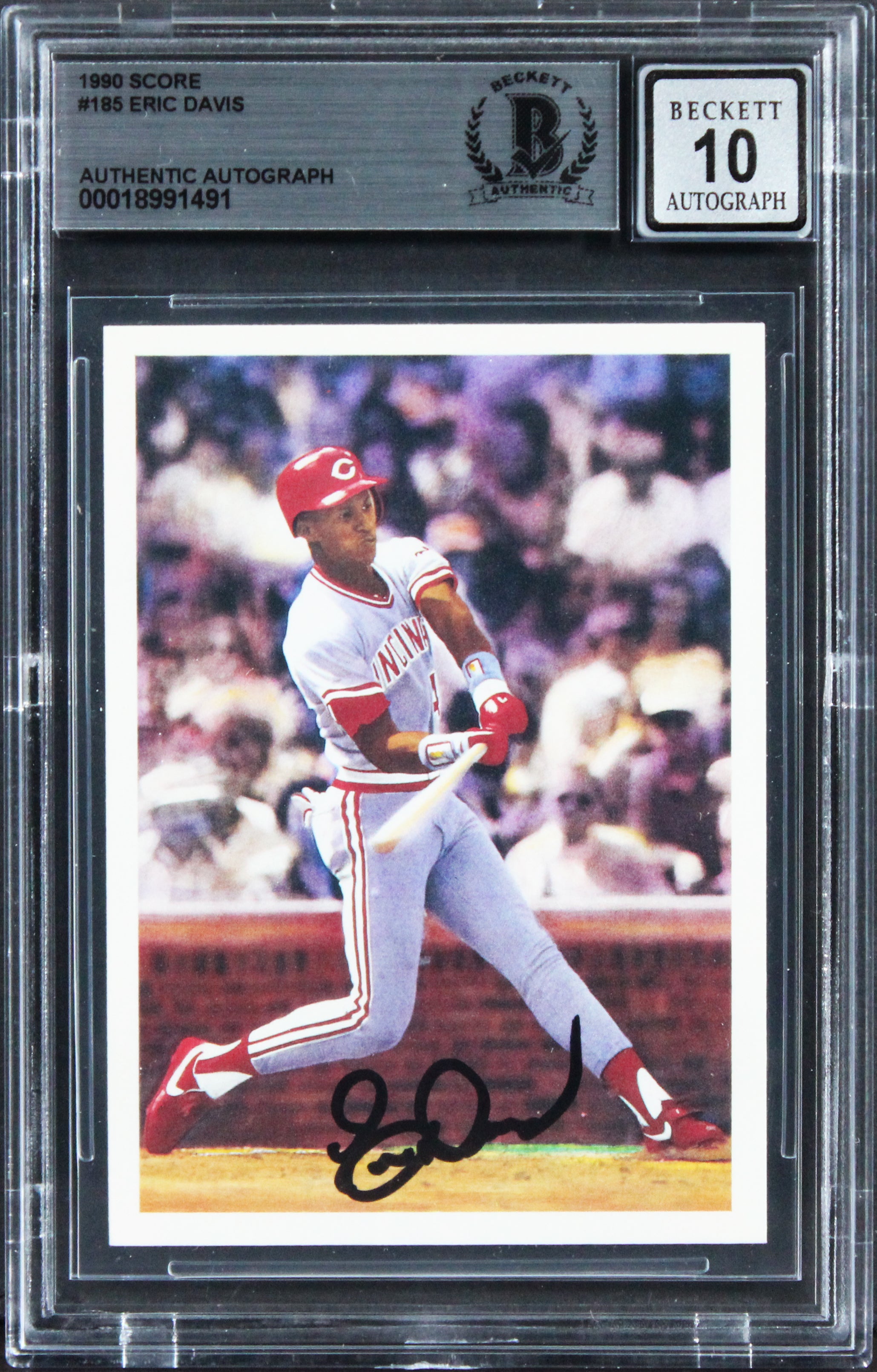 Reds Eric Davis Signed 1990 Score #185 Card Auto Graded Gem Mint 10! BAS Slabbed