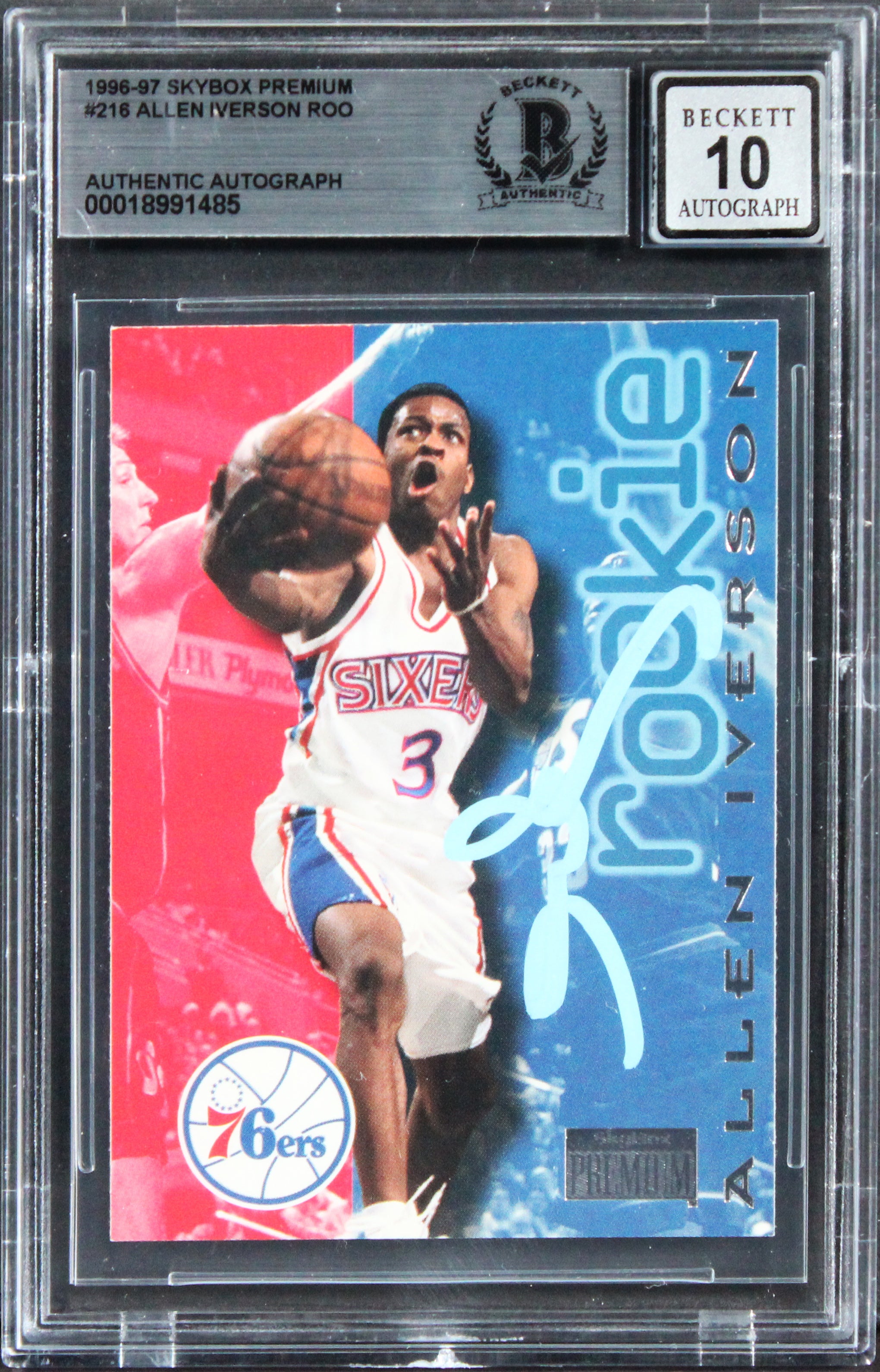 76ers Allen Iverson Signed 1996 Skybox Premium #218 RC Card Auto 10! BAS Slabbed