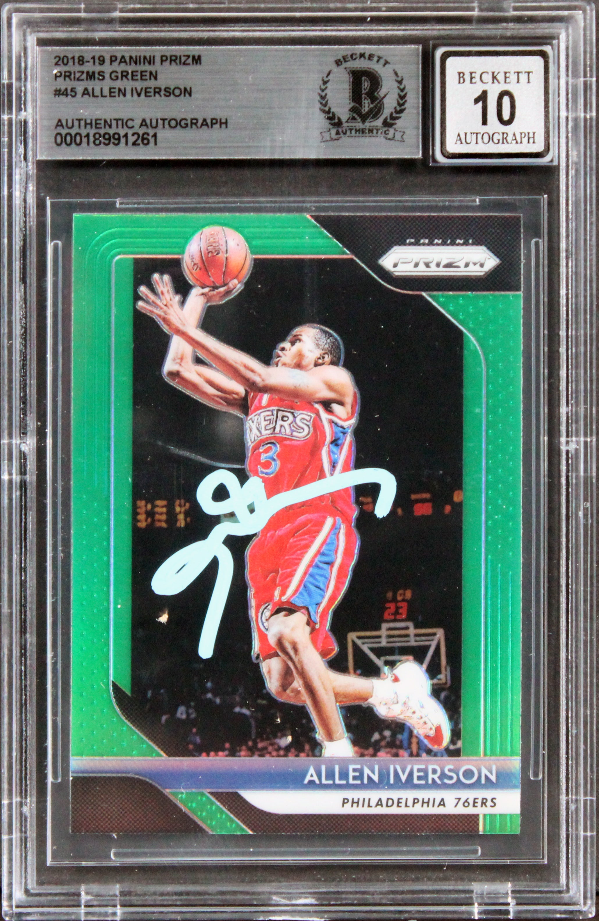 76ers Allen Iverson Signed 2018 Panini Prizm Green #45 Card Auto 10! BAS Slabbed