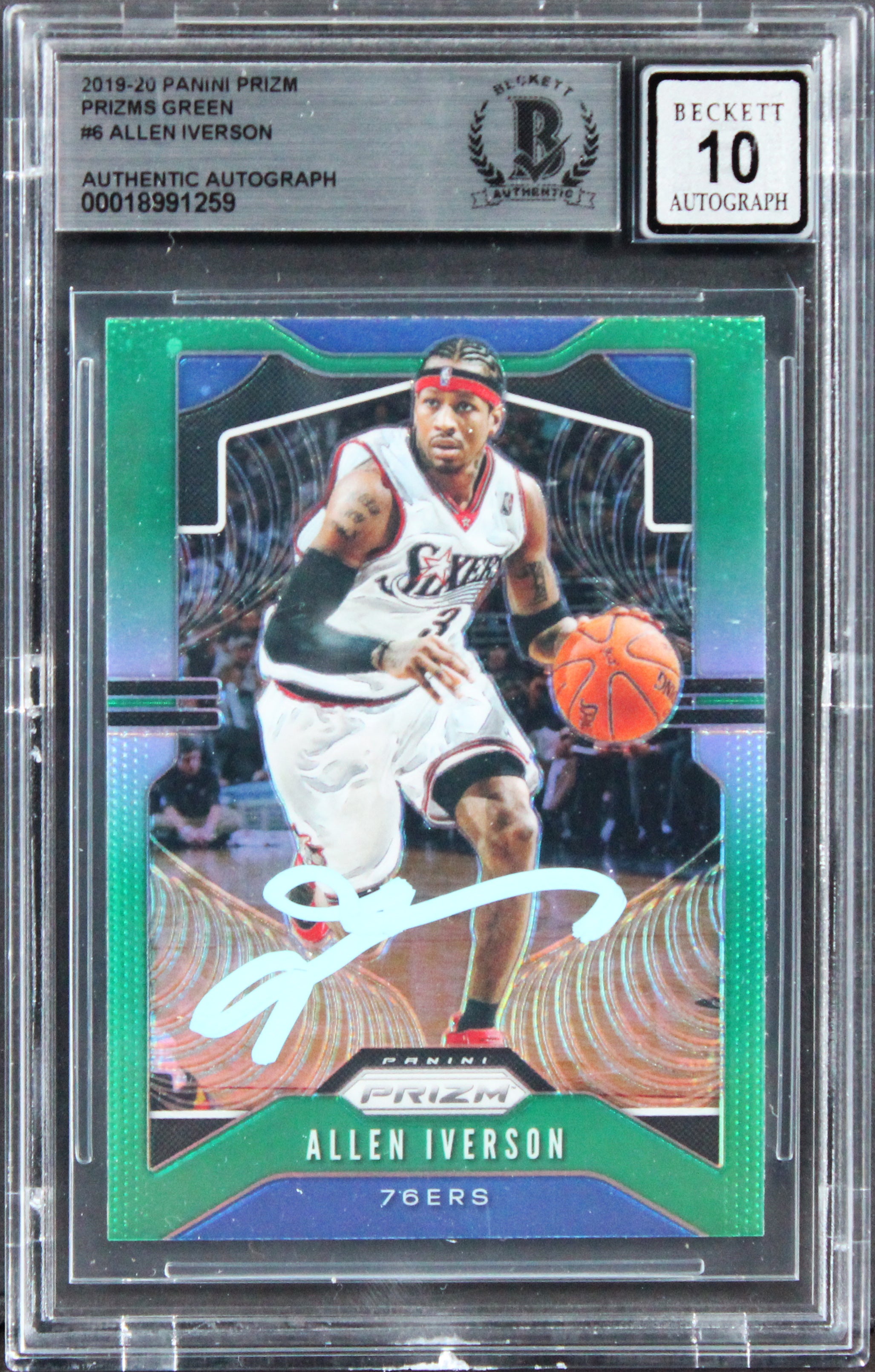 76ers Allen Iverson Signed 2019 Panini Prizm Green #6 Card Auto 10! BAS Slabbed