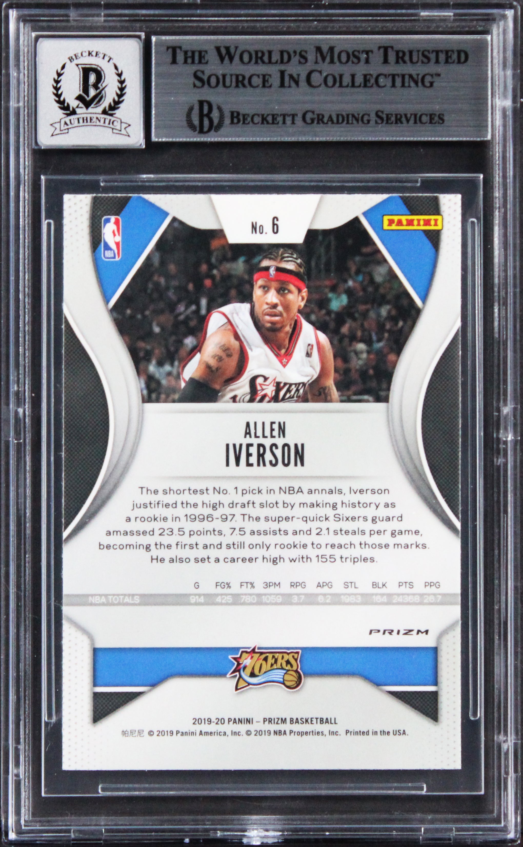 76ers Allen Iverson Signed 2019 Panini Prizm Green #6 Card Auto 10! BAS Slabbed