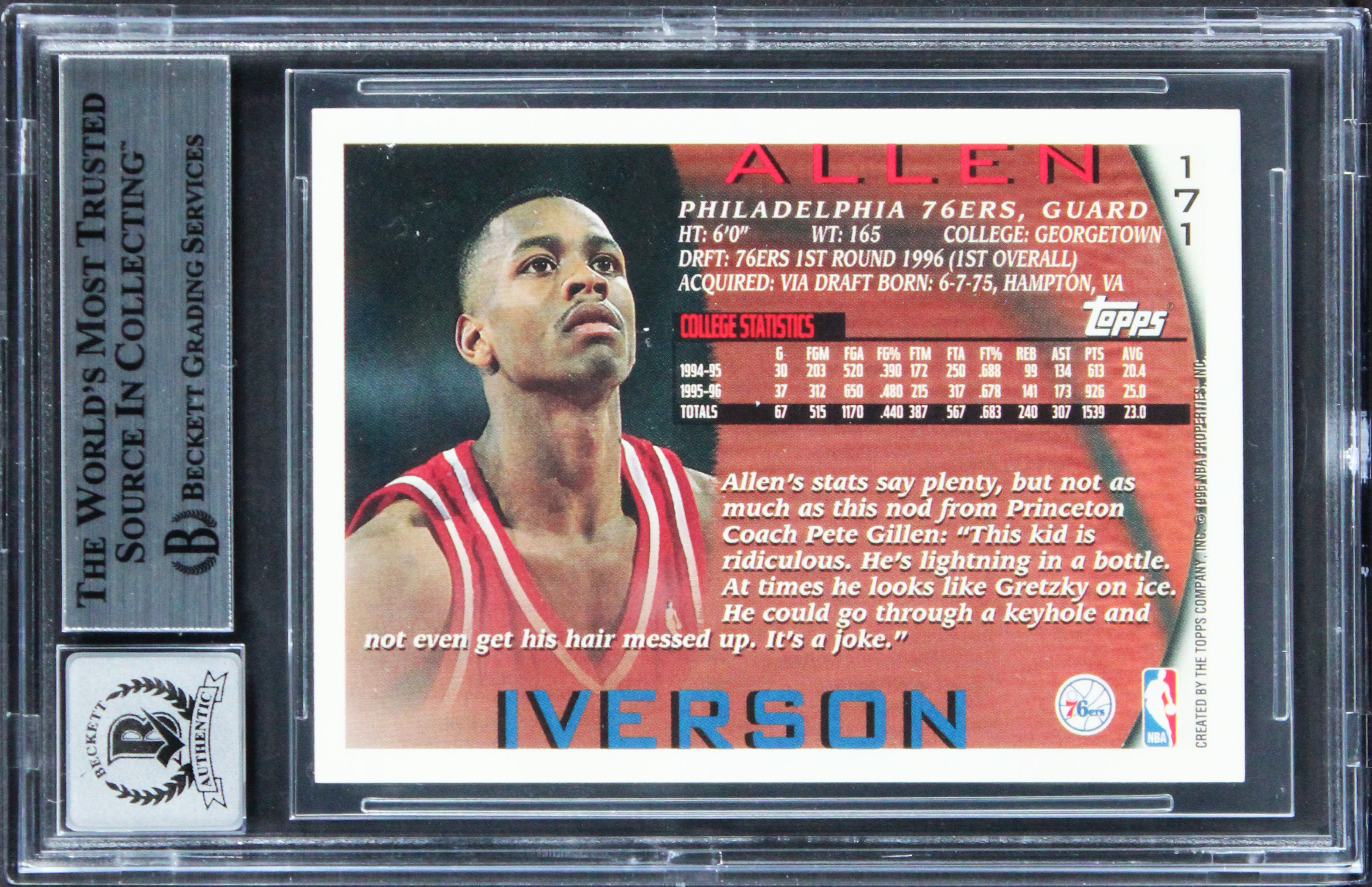 76ers Allen Iverson Signed 1996 Topps #171 Rookie Card Auto Graded 10! BAS Slab