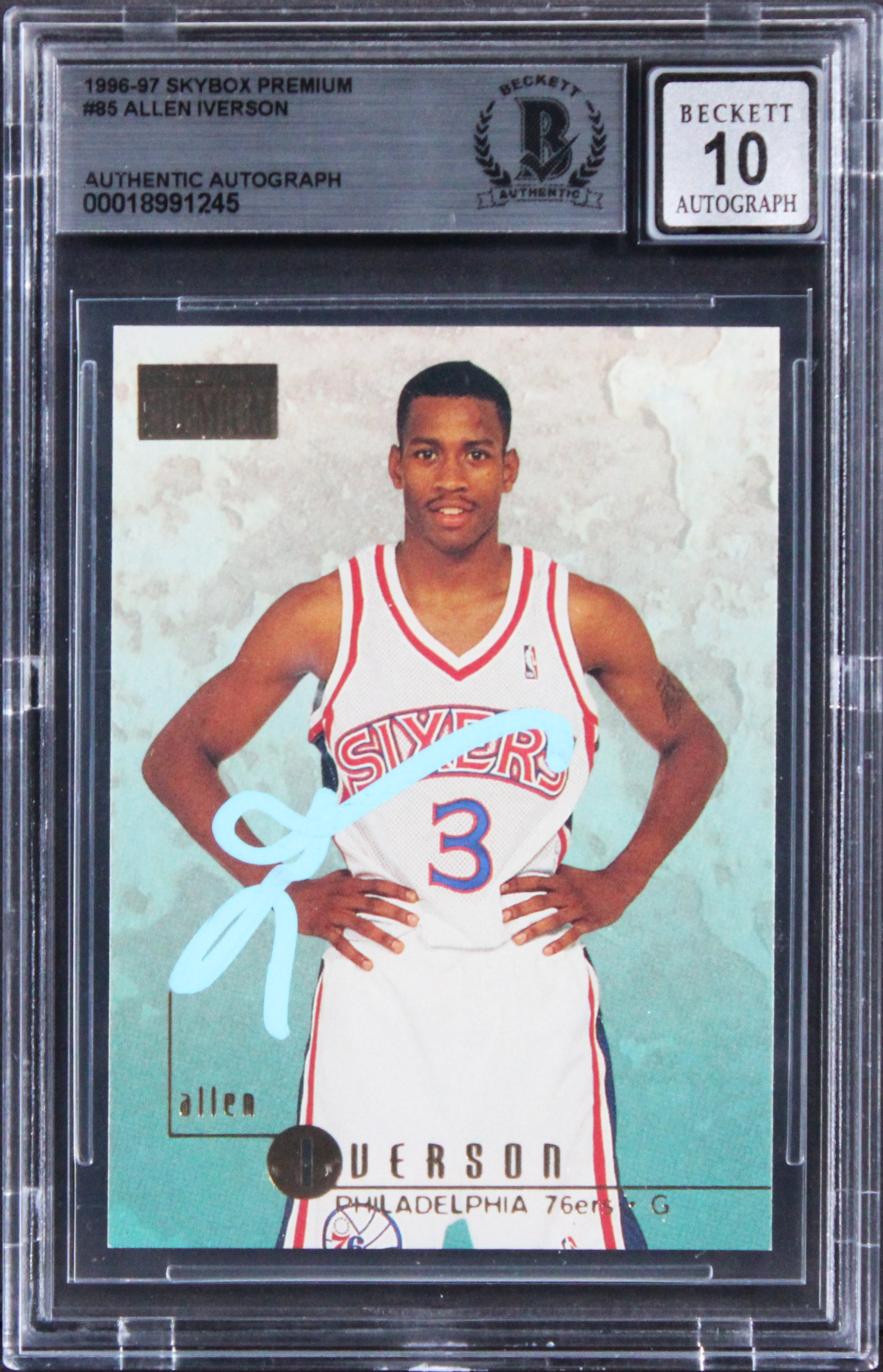 76ers Allen Iverson Signed 1996 Skybox Premium #85 Rookie Card Auto 10! BAS Slab