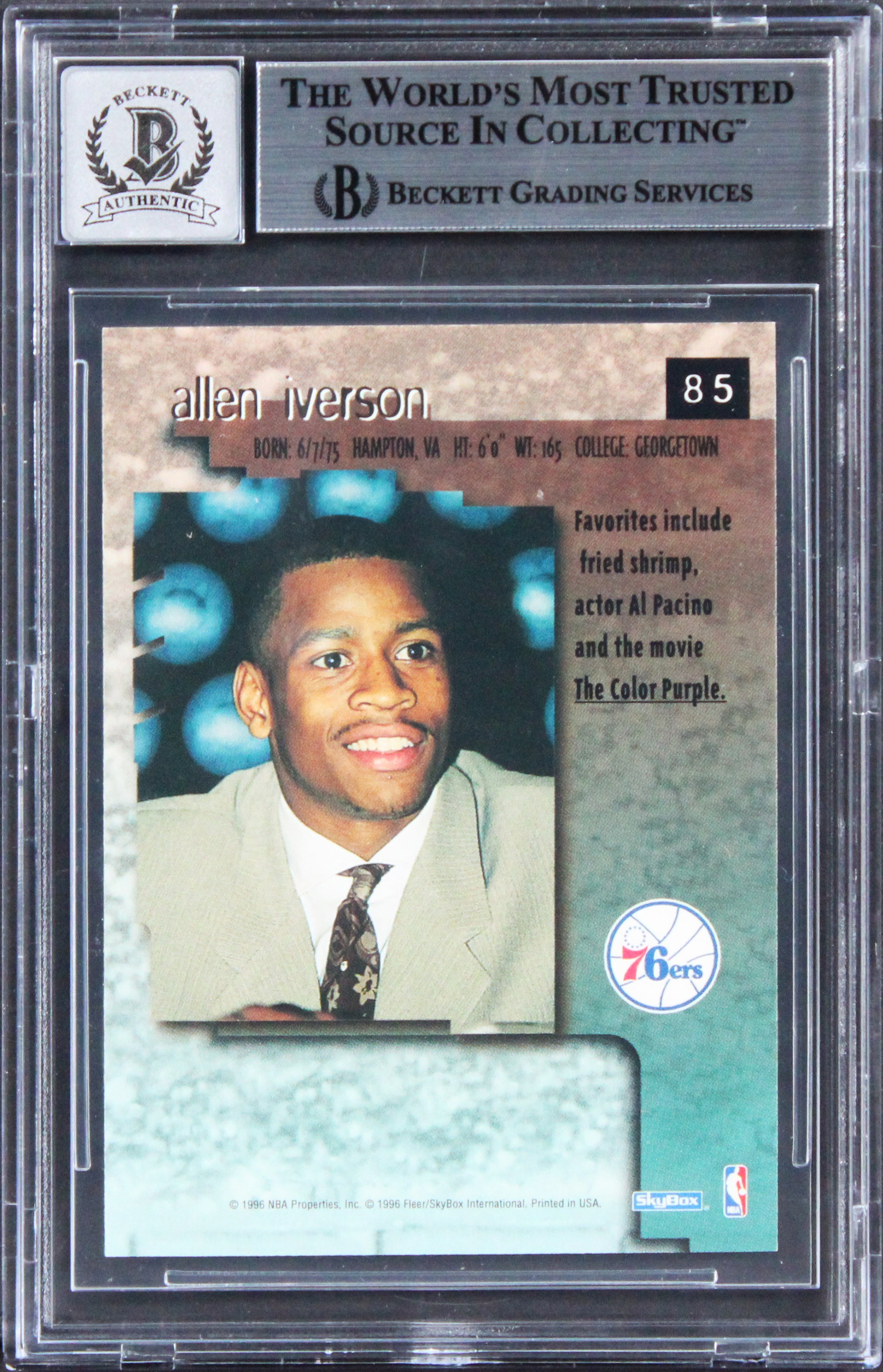 76ers Allen Iverson Signed 1996 Skybox Premium #85 Rookie Card Auto 10! BAS Slab