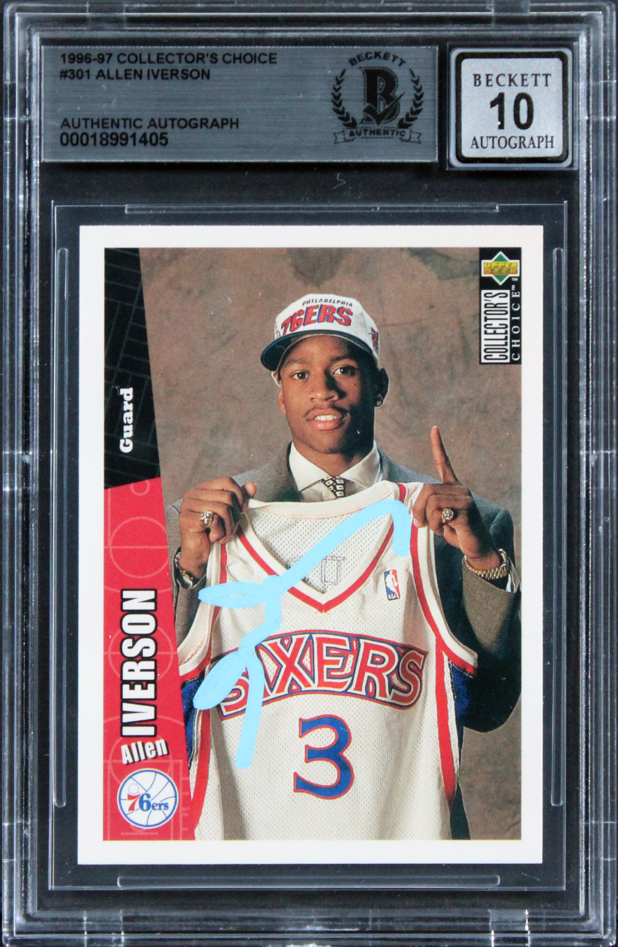 76ers Allen Iverson Signed 1996 Collectors Choice #301 RC Card Auto 10! BAS Slab