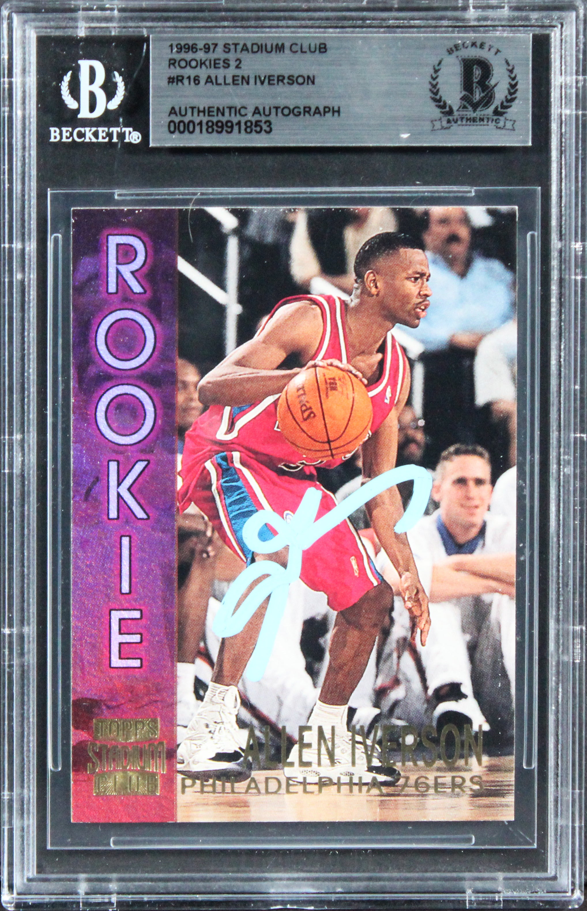 76ers Allen Iverson Signed 1996 Stadium Club #R16 Rookie Card BAS Slabbed