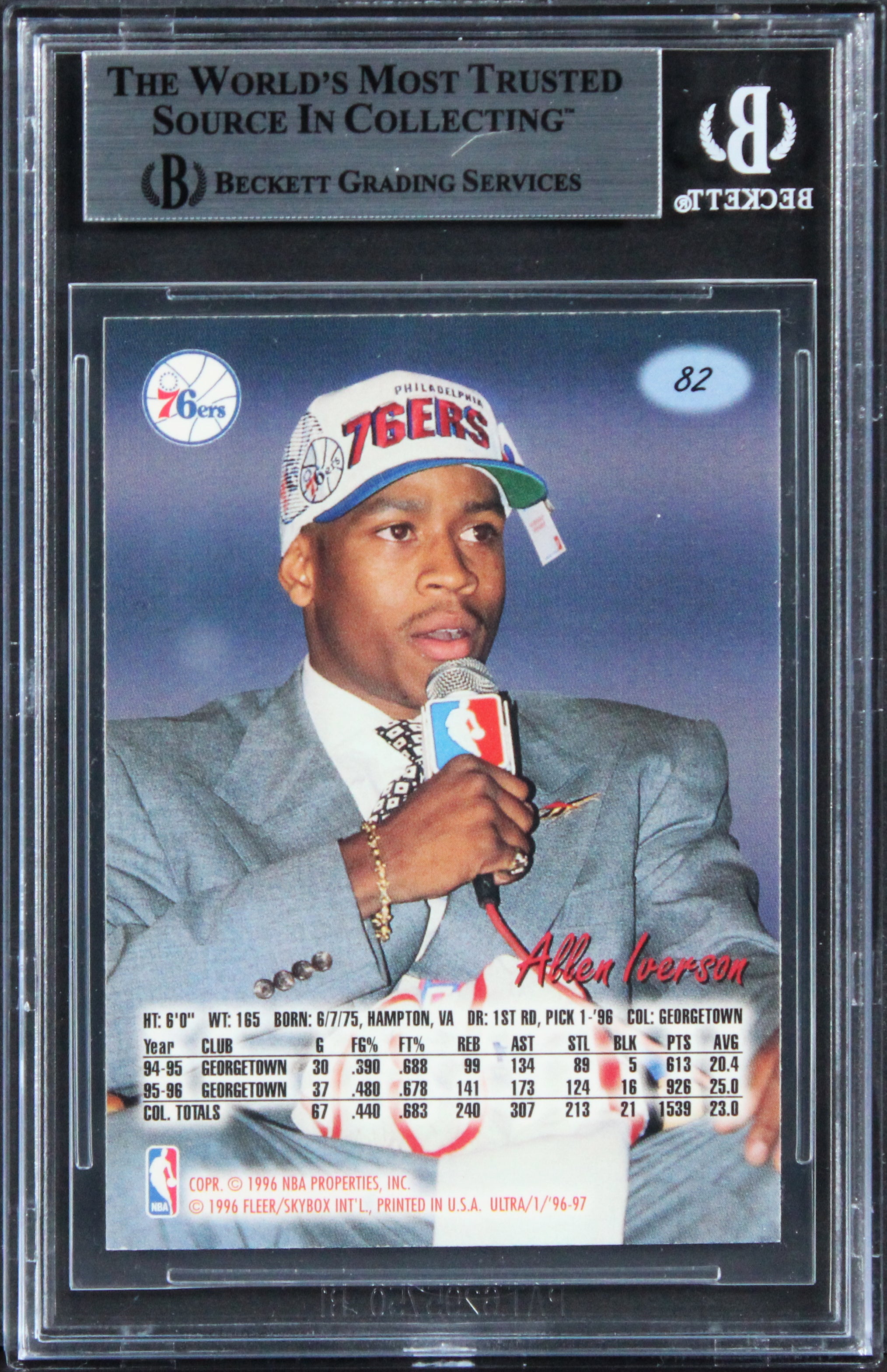 76ers Allen Iverson Authentic Signed 1996 Ultra #82 Rookie Card BAS Slabbed