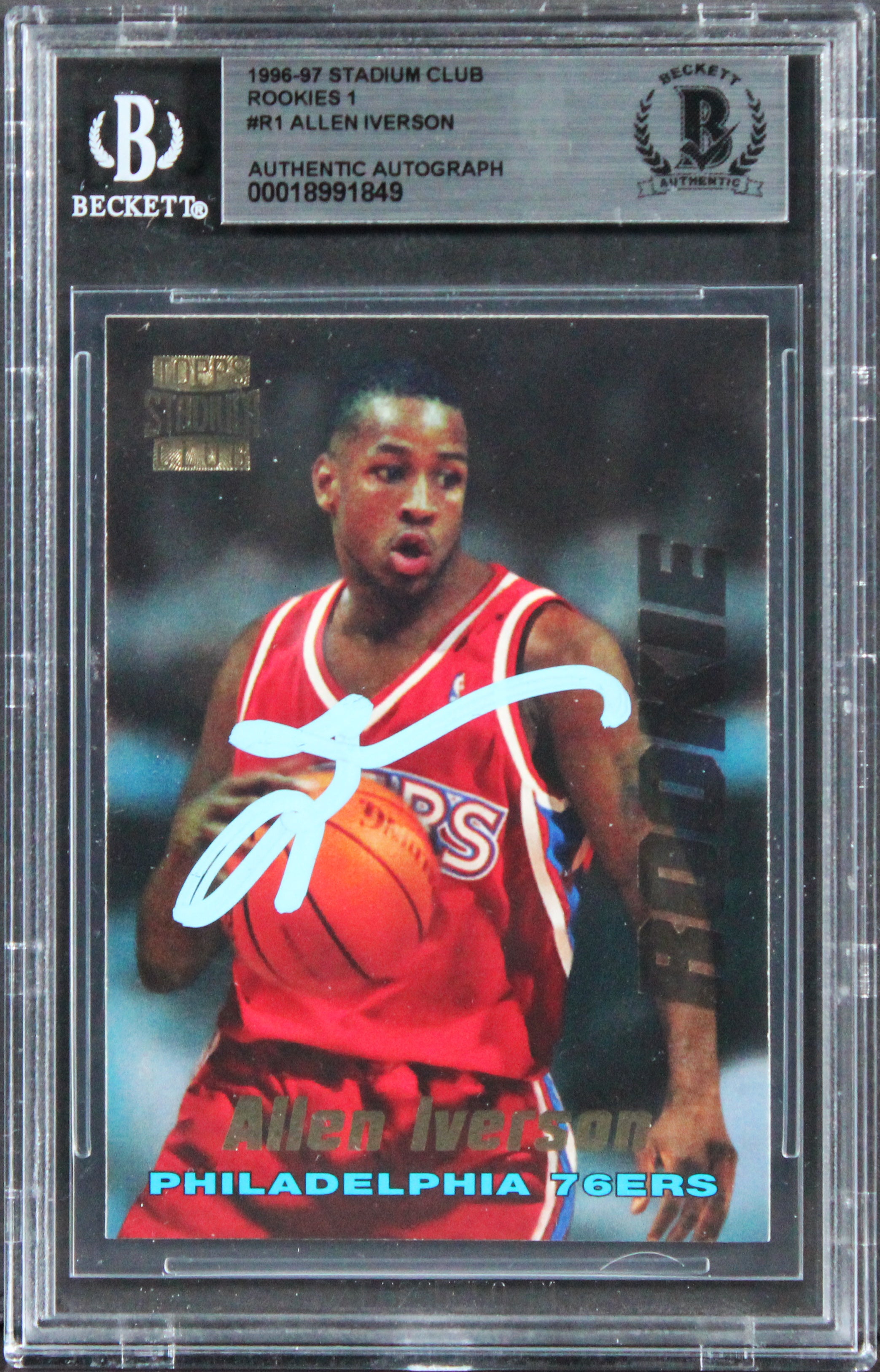 76ers Allen Iverson Signed 1996 Stadium Club Rookies 1 #R1 Rookie Card BAS Slab