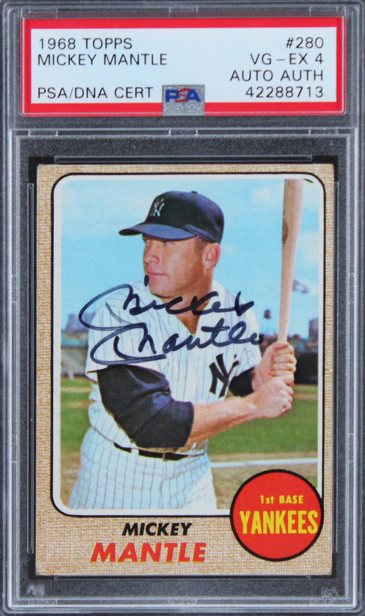 Yankees Mickey Mantle Signed 1968 Topps #280 Card Graded VG-EX 4 PSA/DNA Slabbed