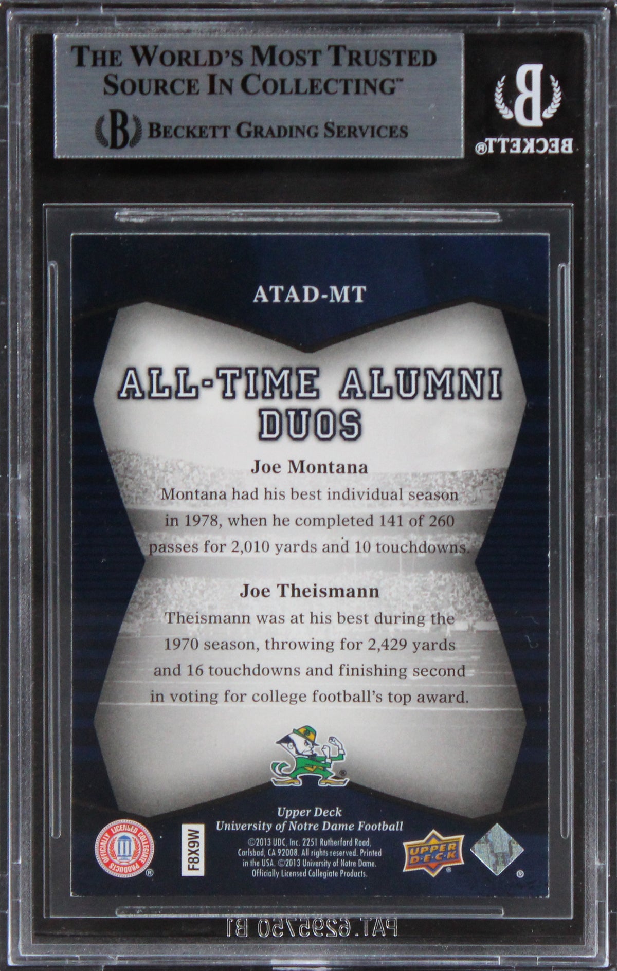 ND (2) Montana & Theismann Signed 2013 UD Notre Dame ATAD #ATADMT Card BAS Slab