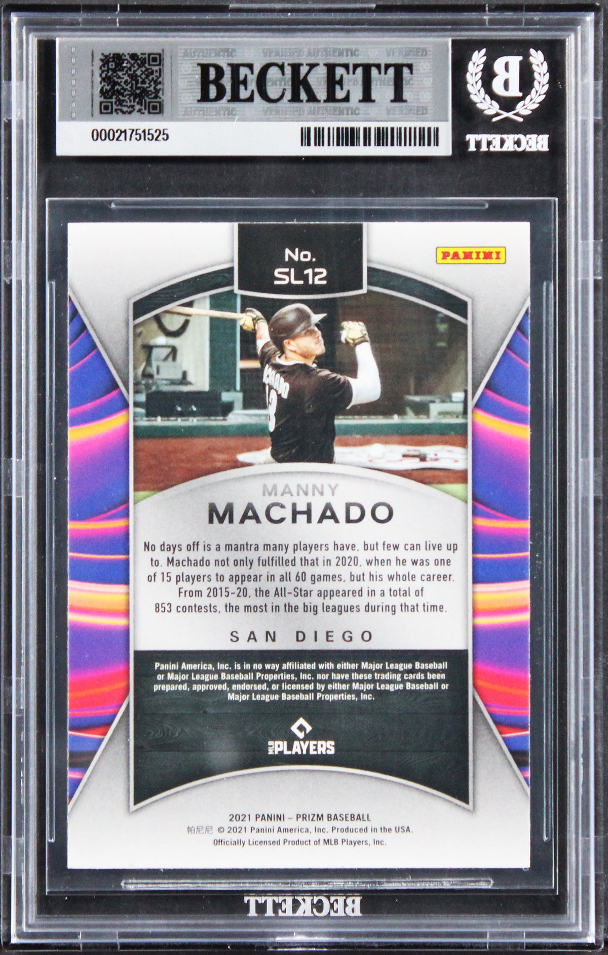 Padres Manny Machado Signed 2021 Panini Prizm Sluggers #12 Card BAS Slabbed