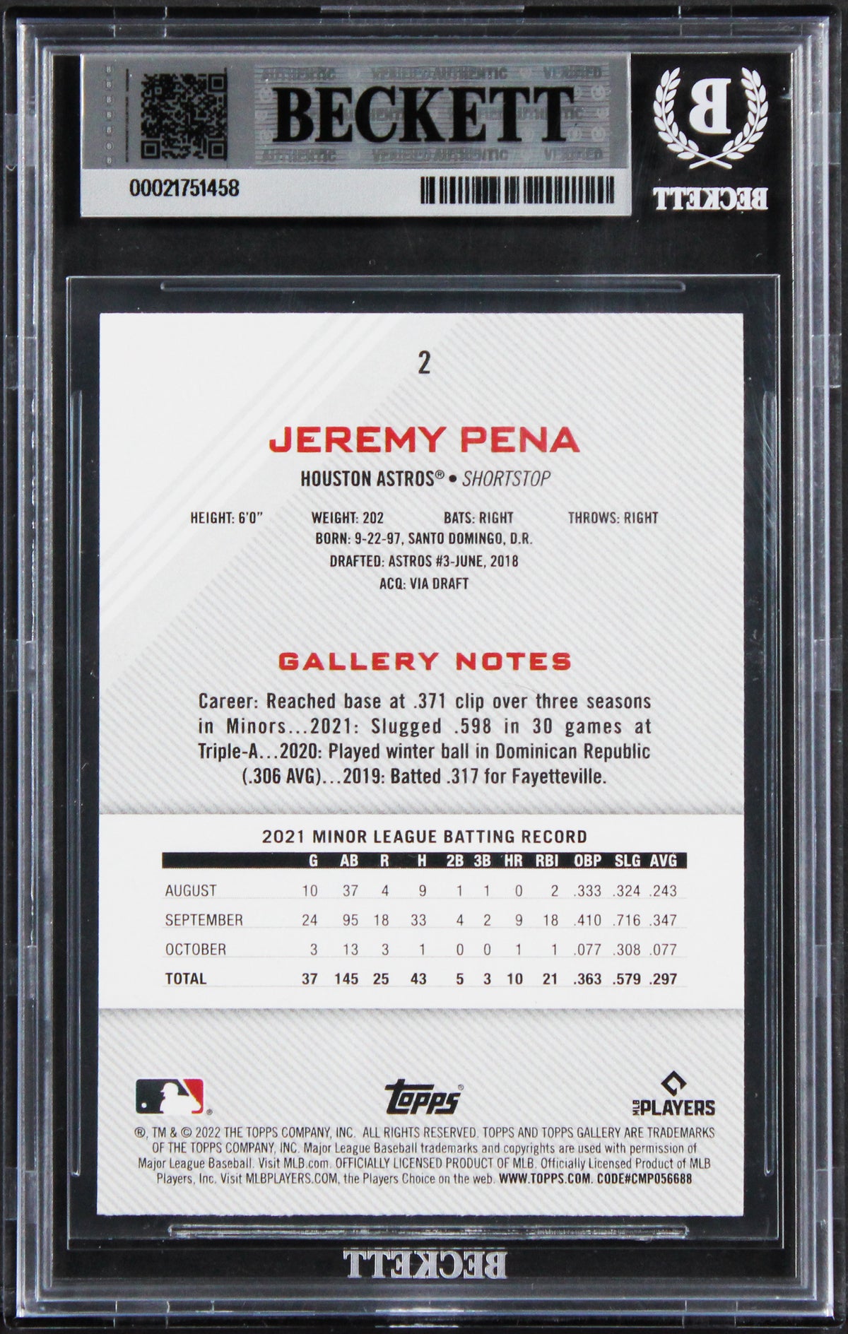 Astros Jeremy Pena Signed 2022 Topps Gallery #2 Rookie Card BAS Slabbed