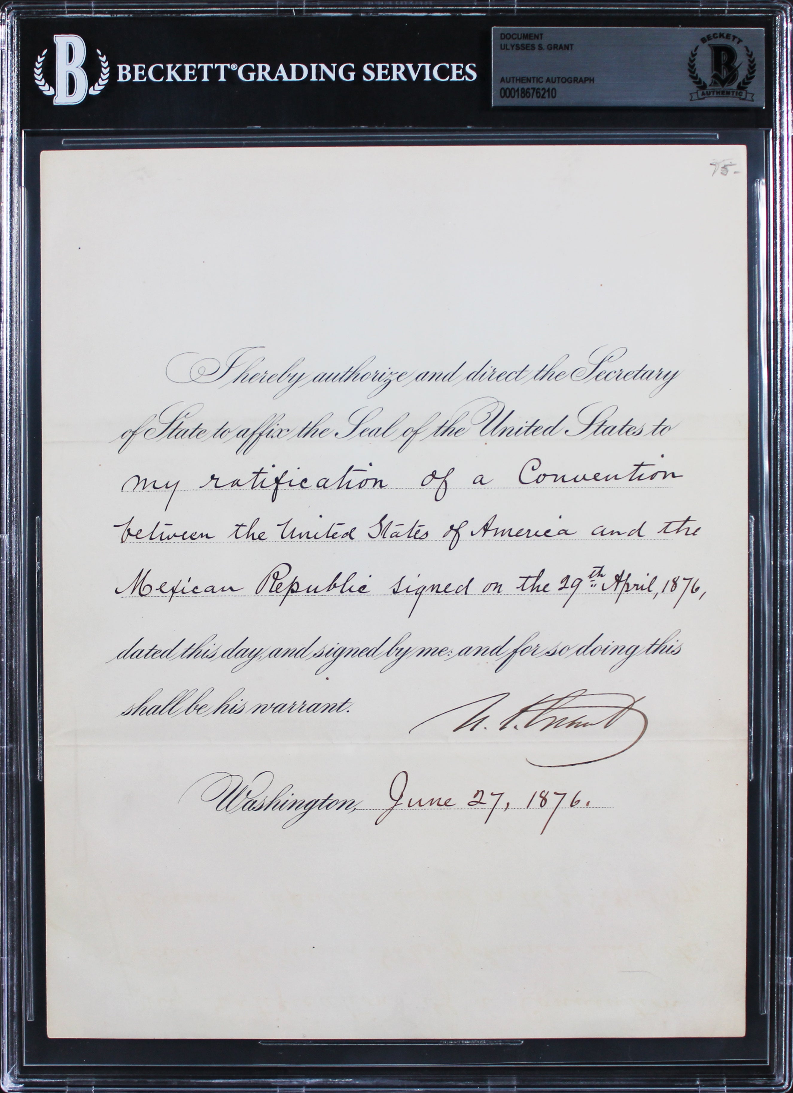 Ulysses S. Grant Signed 7.75x10 Ratification Document Dated June 1876 BAS Slab