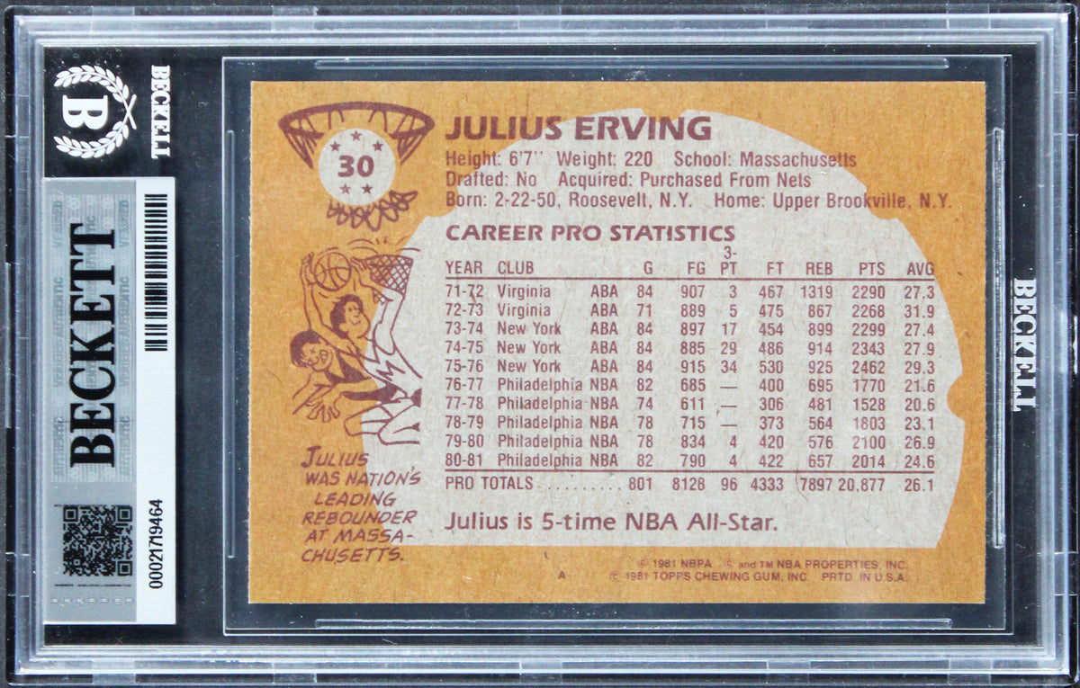 76ers Julius Erving Signed 1981 Topps #30 Card Auto Grade GM 10! BAS Slabbed