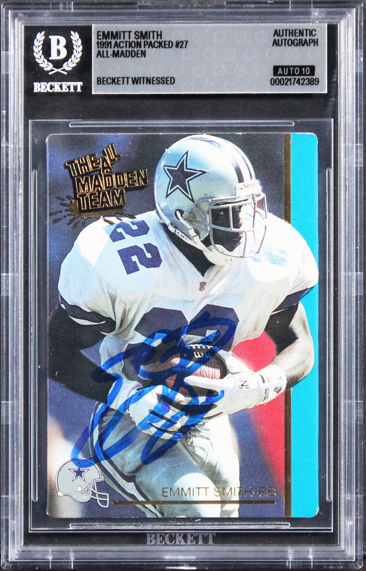 Cowboys Emmitt Smith Signed 1991 Action Packed #27 Card Auto GM 10! BAS Slabbed