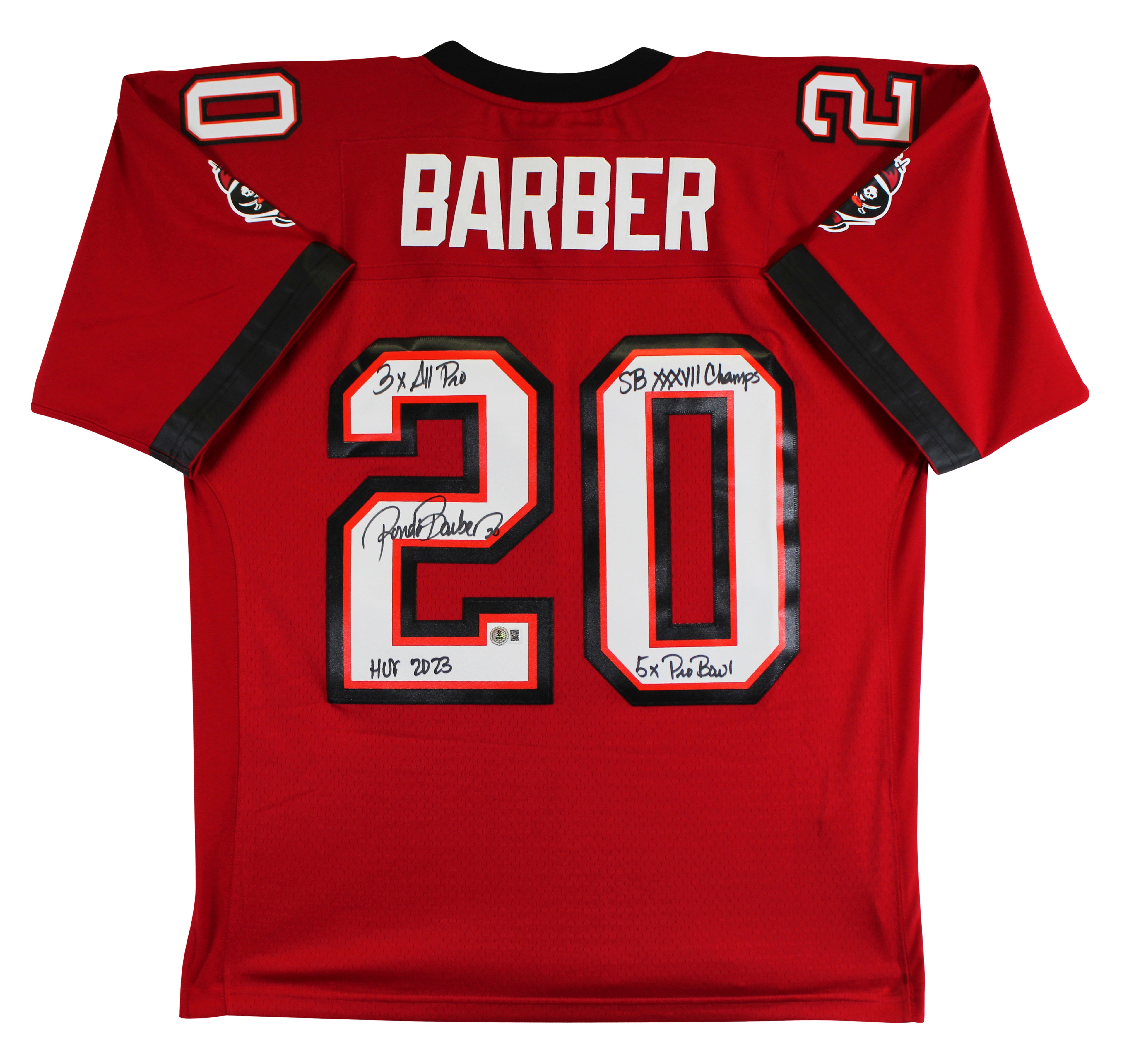 Buccaneers Ronde Barber "4x Insc" Signed Red M&N Throwback Jersey BAS Witnessed