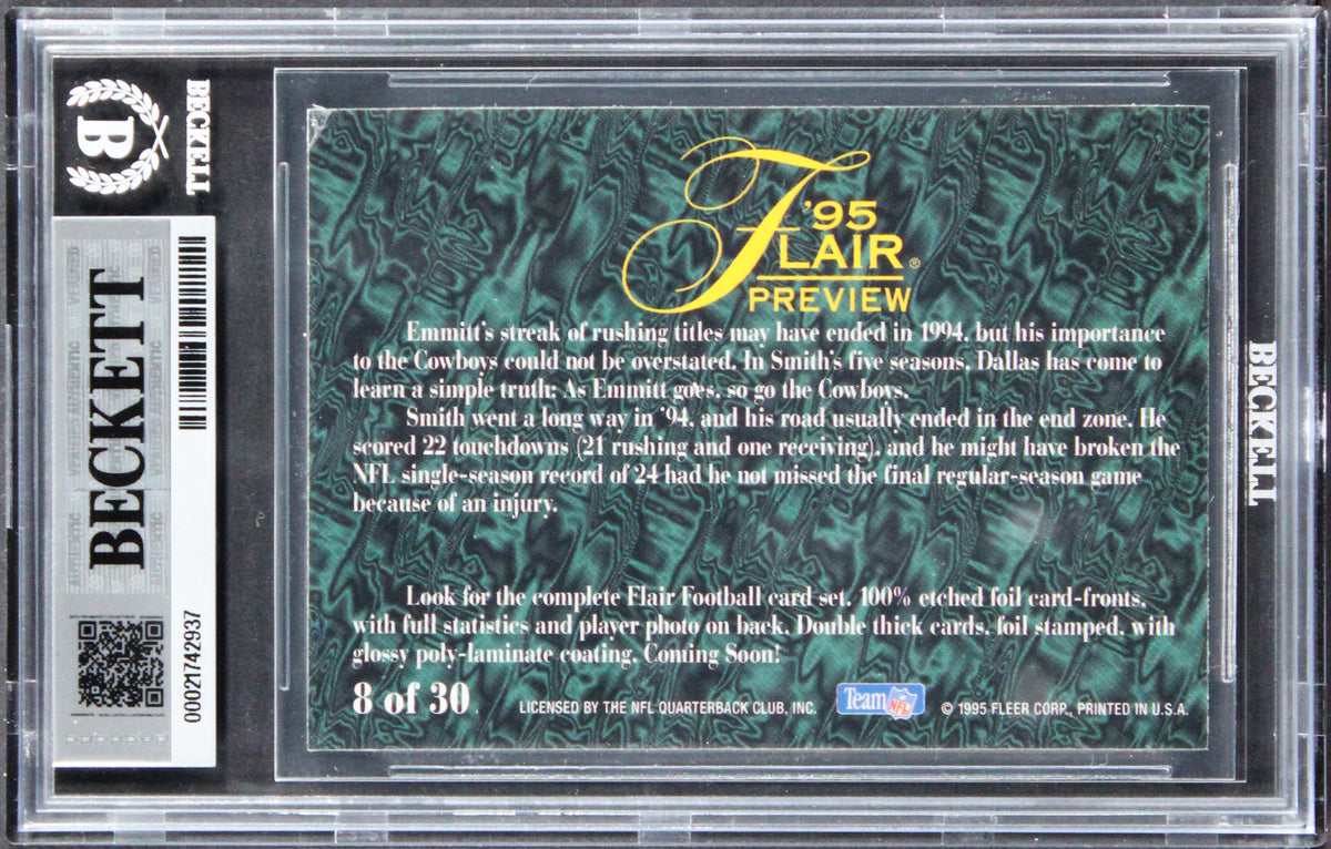 Cowboys Emmitt Smith Signed 1995 Fleer Flair Preview #8 Card Auto 10 BAS Slabbed
