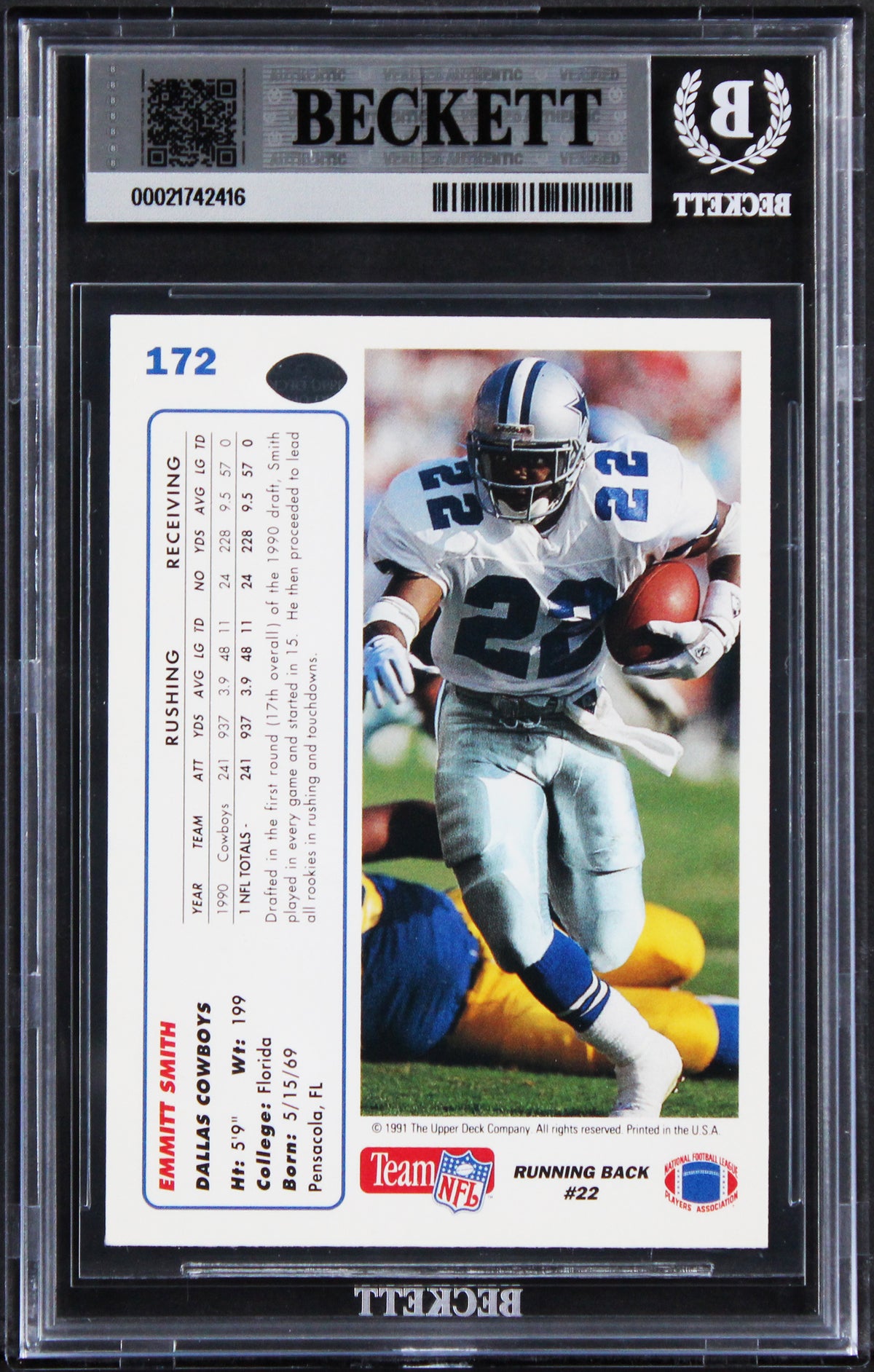 Cowboys Emmitt Smith Signed 1991 Upper Deck #172 Card Auto Grade 10! BAS Slabbed