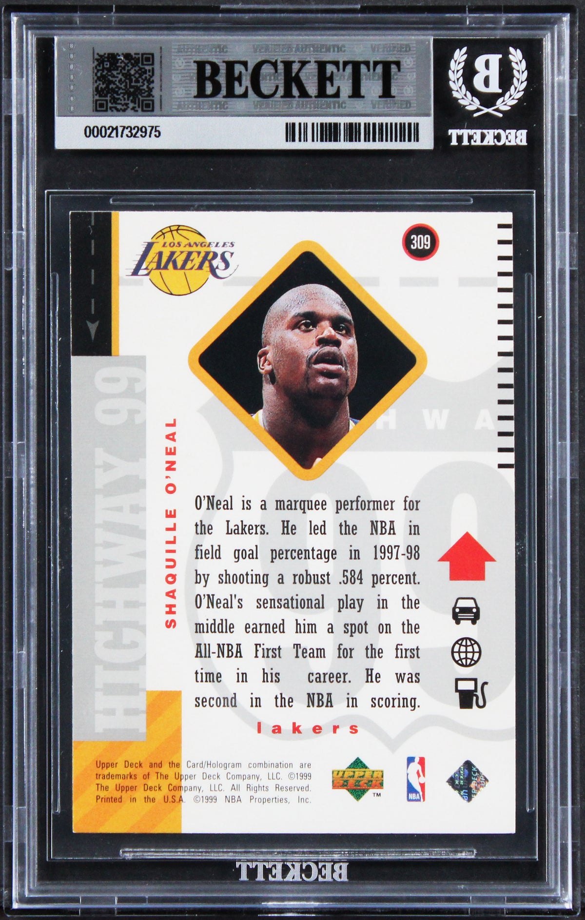 Lakers Shaquille O'Neal Signed 1998 Upper Deck #309 Card Auto GM 10! BAS Slabbed