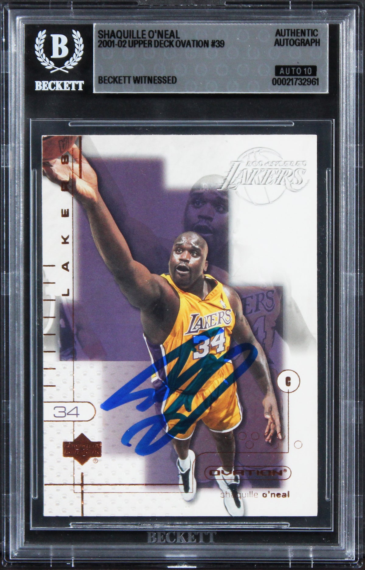 Lakers Shaquille O'Neal Signed 2001 Upper Deck #39 Card Auto GM 10! BAS Slabbed