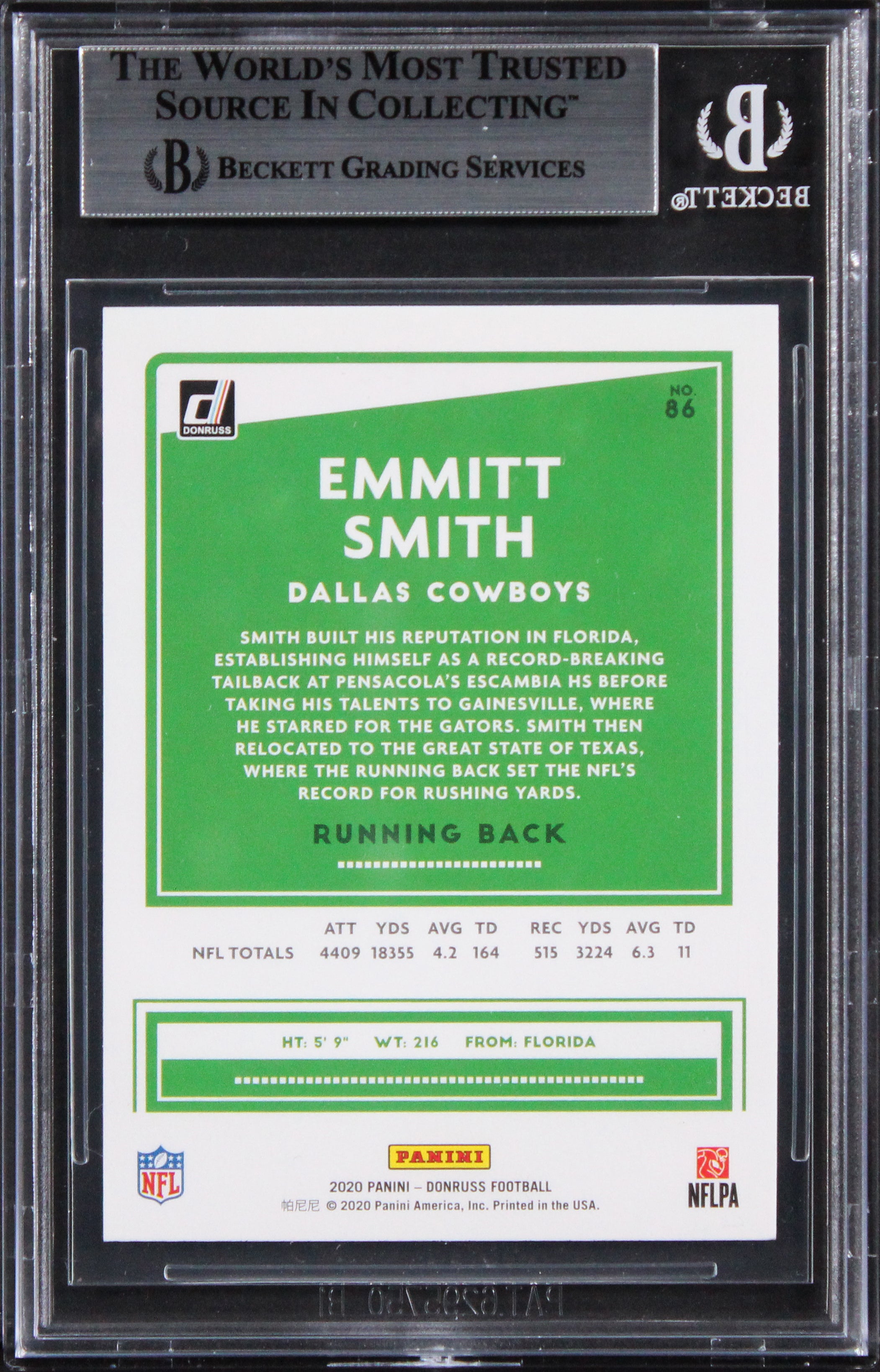 Cowboys Emmitt Smith Authentic Signed 2020 Donruss #86 Card BAS Slabbed