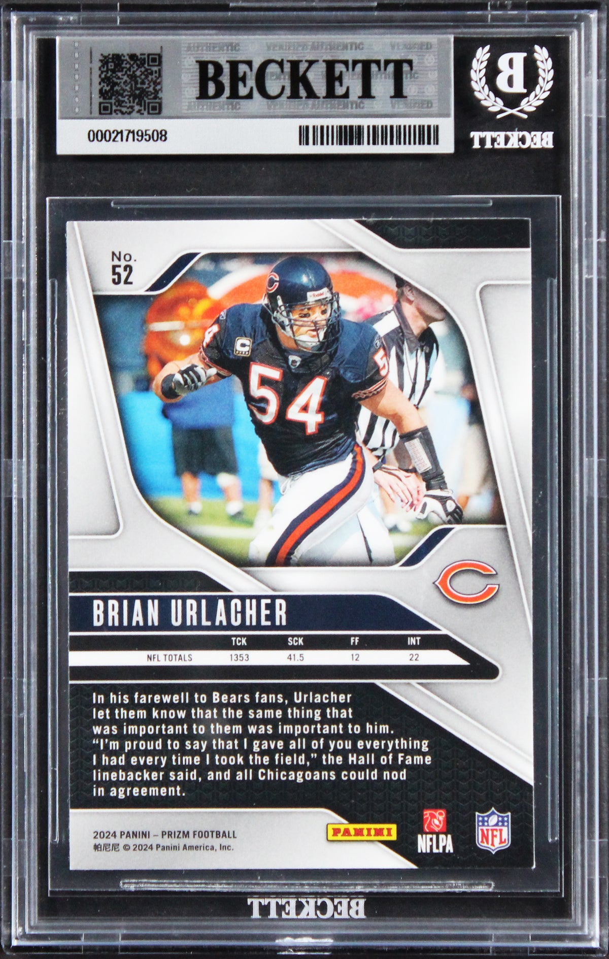 Bears Brian Urlacher Signed 2024 Panini Prizm #52 Card Auto GM 10! BAS Slabbed