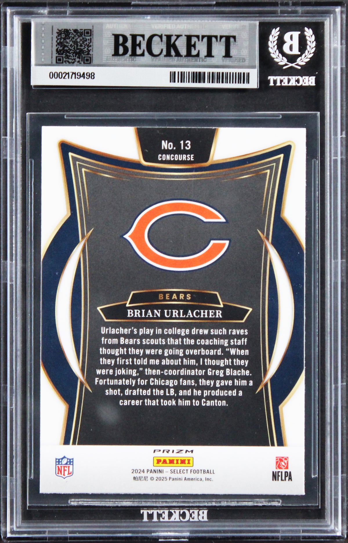 Bears Brian Urlacher Signed 2024 Select B&R Shock #13 Card Auto 10! BAS Slabbed