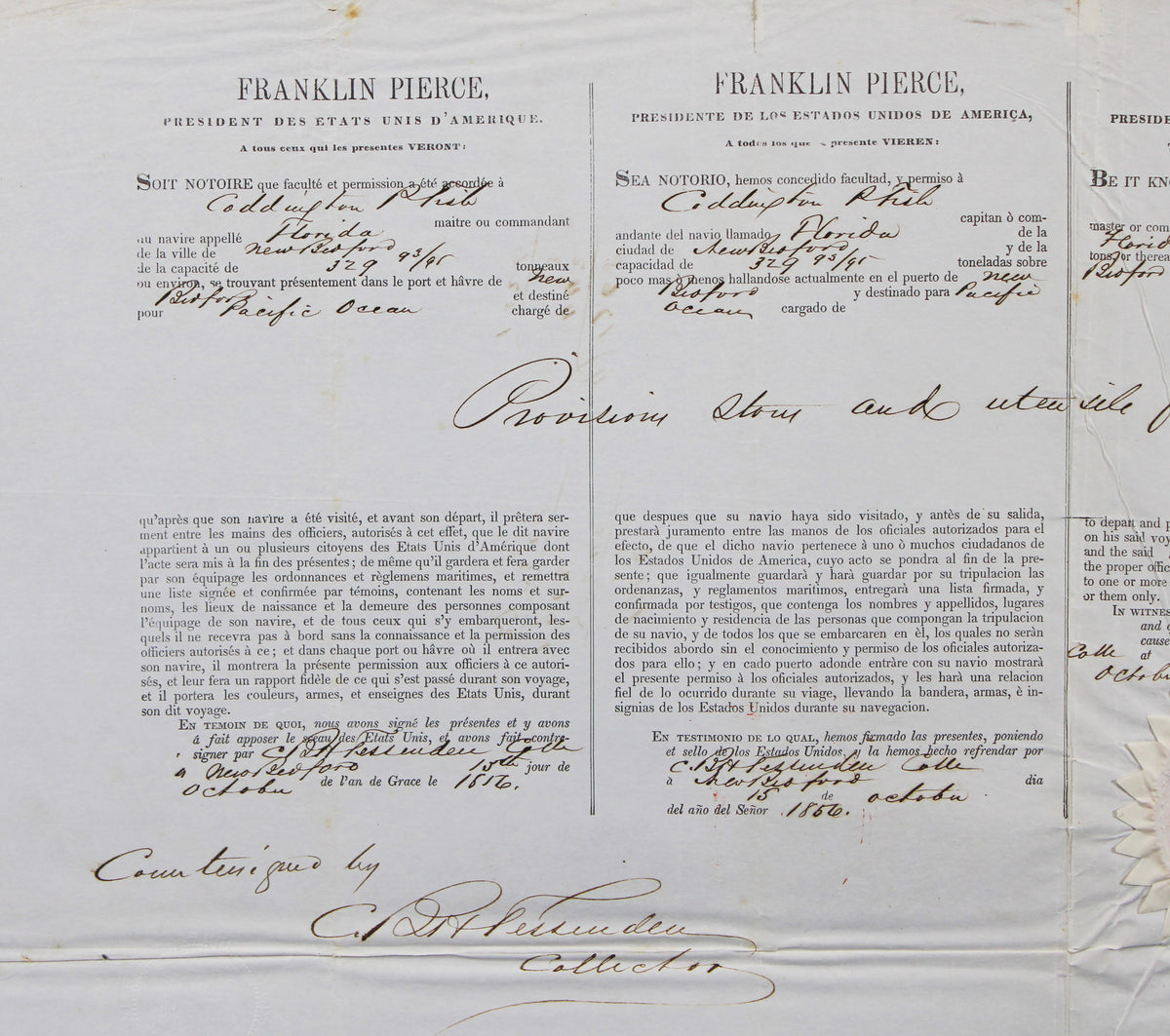 Franklin Pierce Signed 17x22 1856 4 Language Ship's Passport BAS #AE13259