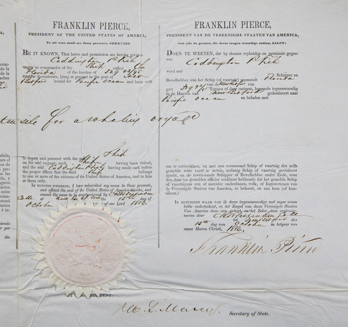 Franklin Pierce Signed 17x22 1856 4 Language Ship's Passport BAS #AE13259