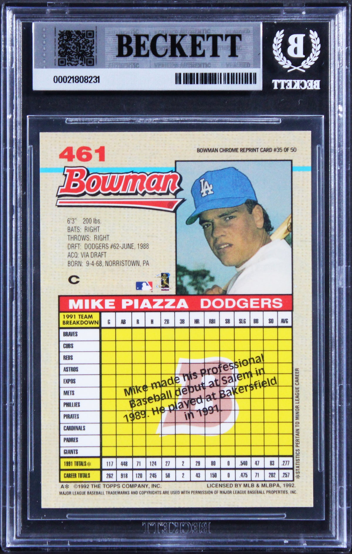 Dodgers Mike Piazza Signed 1998 Bowman Chrome RP #35 Card Auto 10! BAS Slabbed