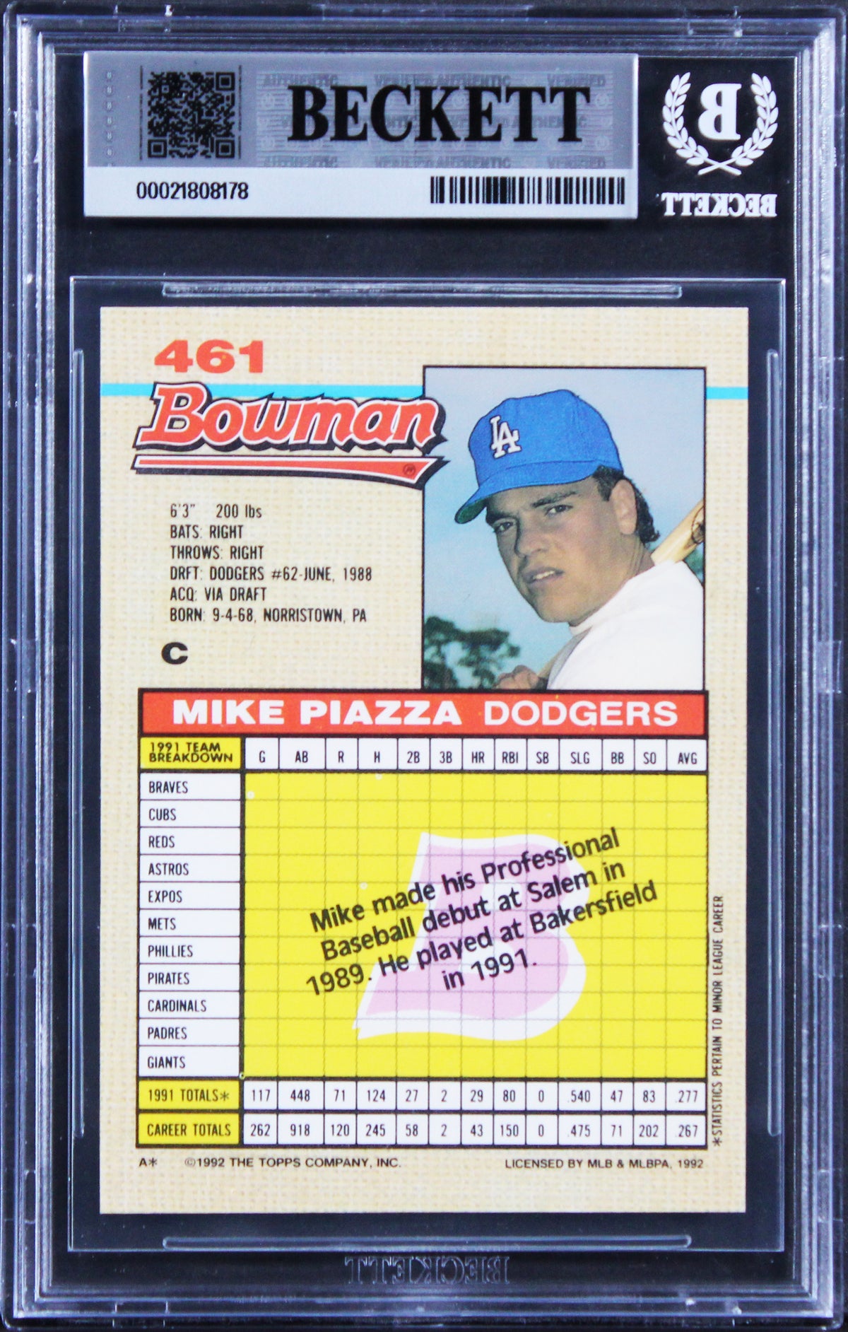 Dodgers Mike Piazza "HOF 2016" Signed 1992 Bowman #461 Card Auto 10! BAS Slabbed