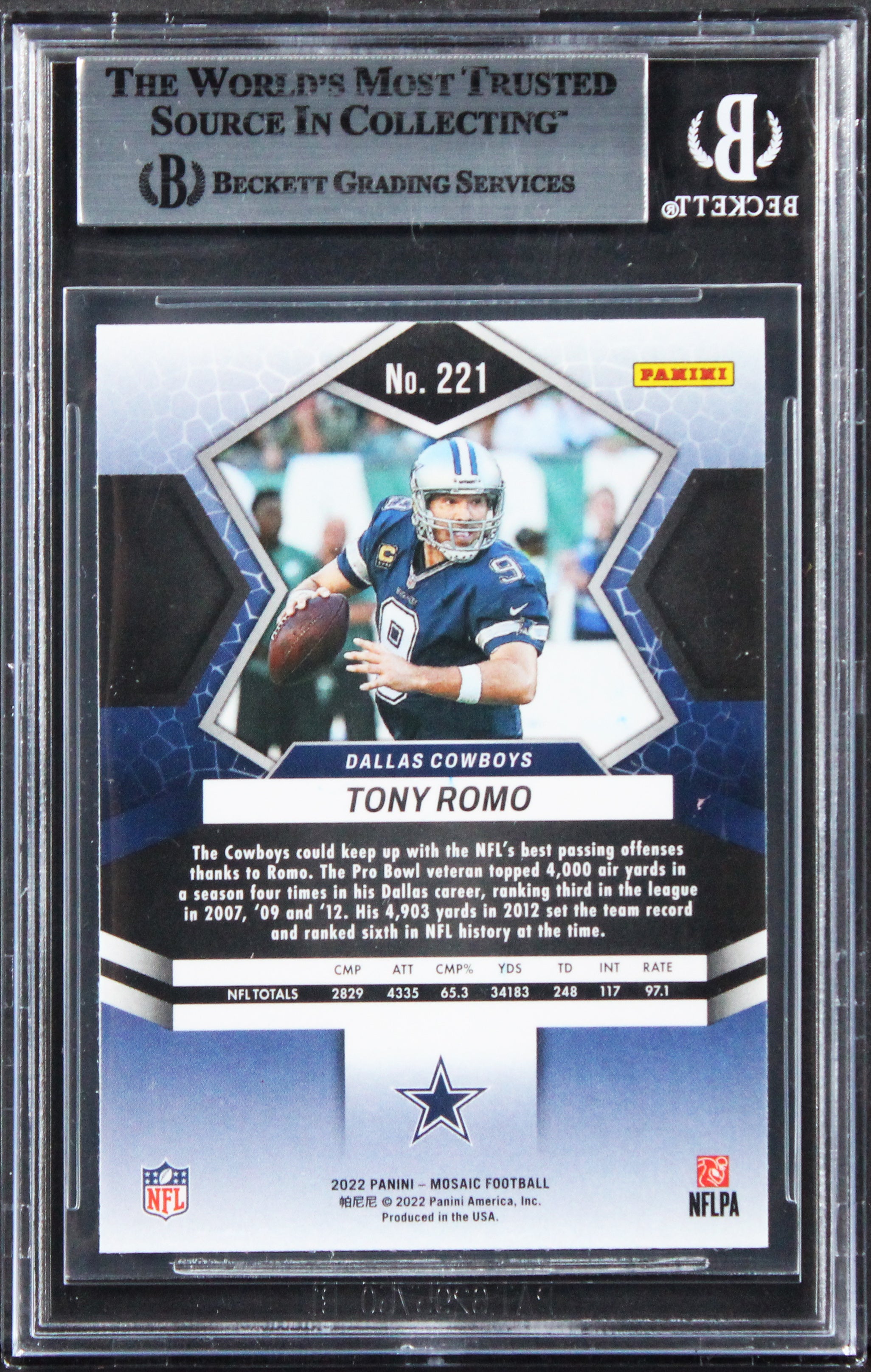 Cowboys Tony Romo Authentic Signed 2022 Panini Mosaic #221 Card BAS Slabbed 1