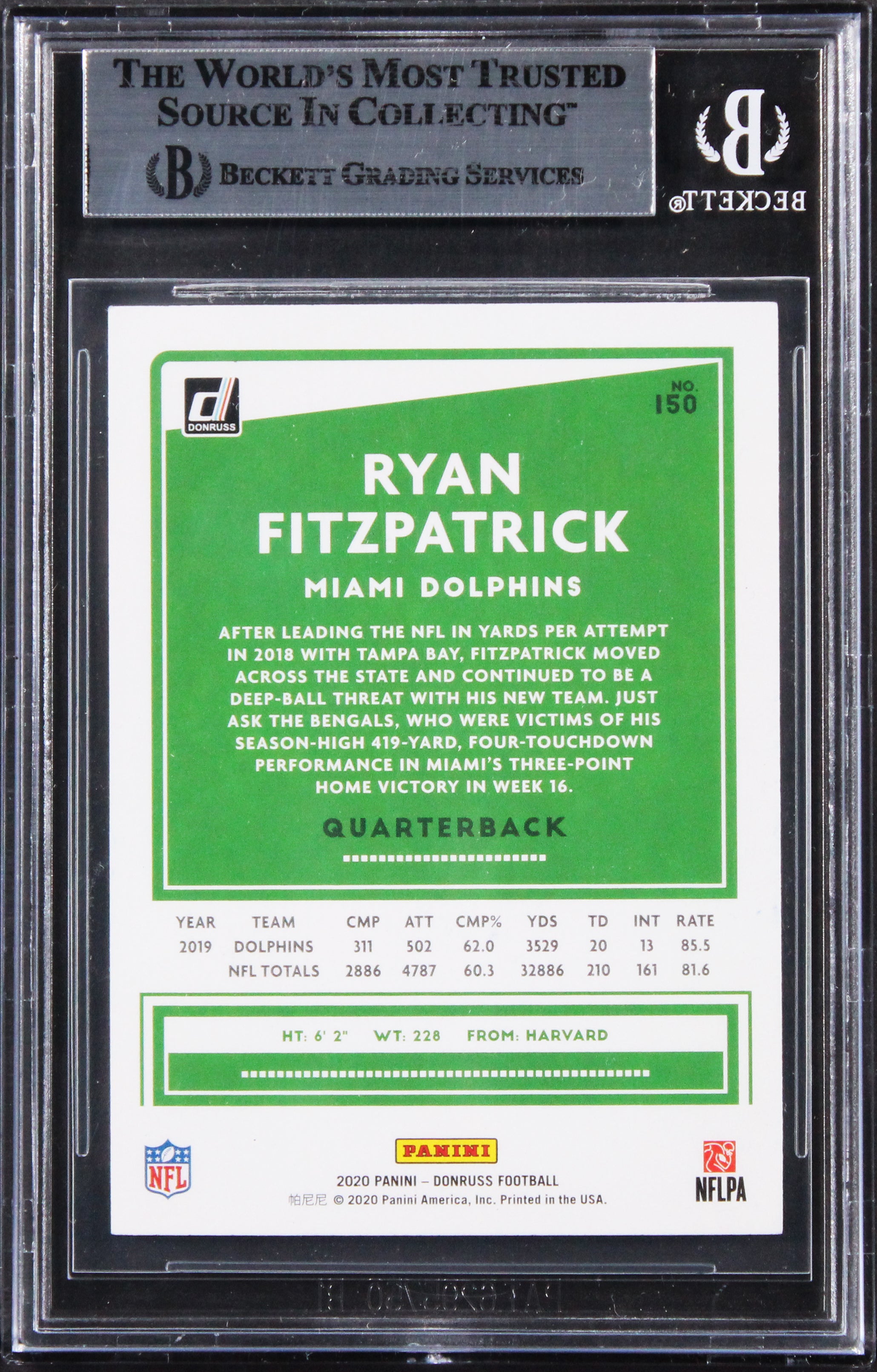 Dolphins Ryan Fitzpatrick Authentic Signed 2020 Donruss #150 Card BAS Slabbed