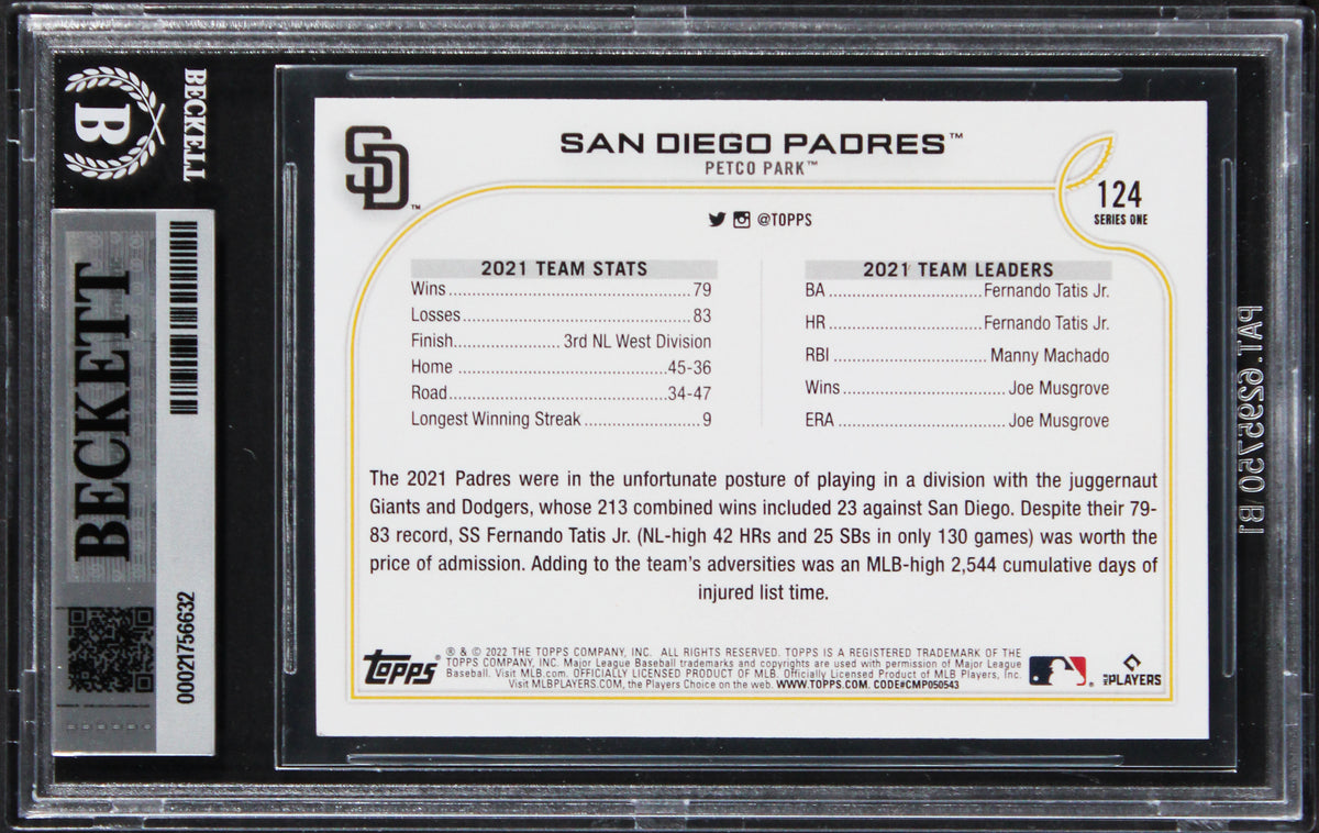 Padres Manny Machado Signed 2022 Topps #124 Card Auto Gem Mint 10! BAS Slabbed