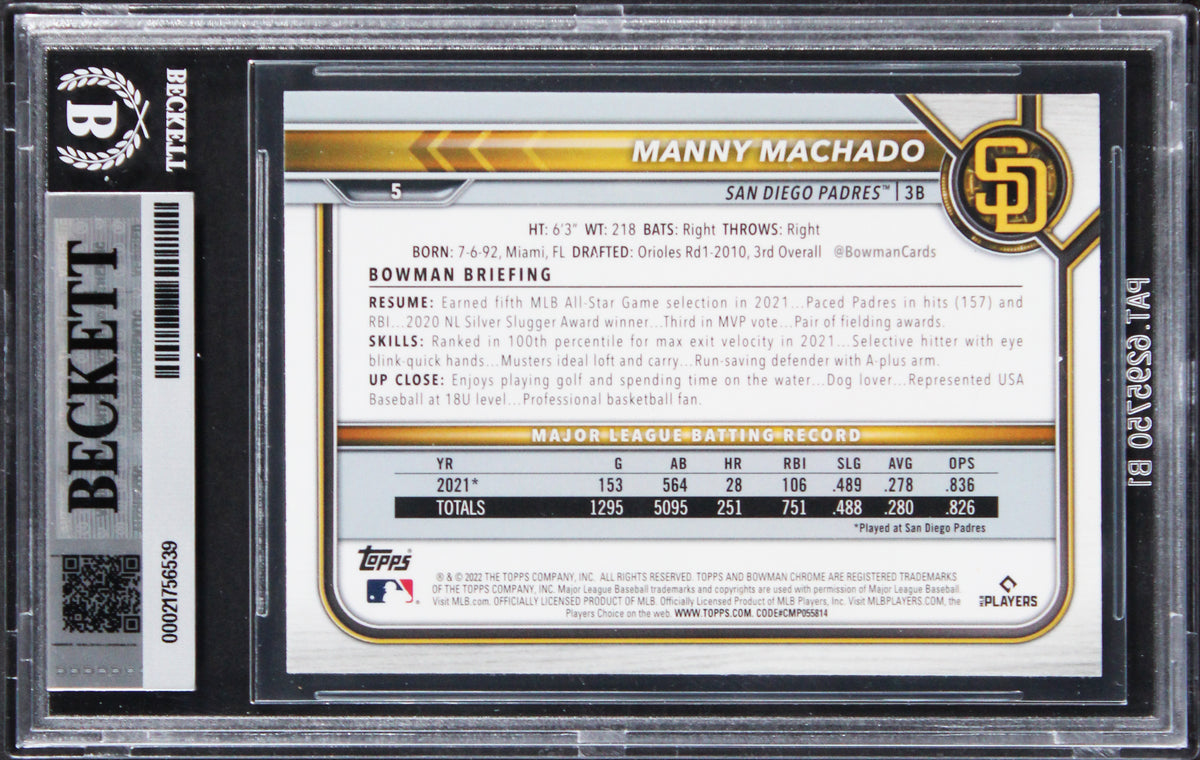 Padres Manny Machado Signed 2022 Bowman Chrome #5 Card Auto GM 10! BAS Slabbed